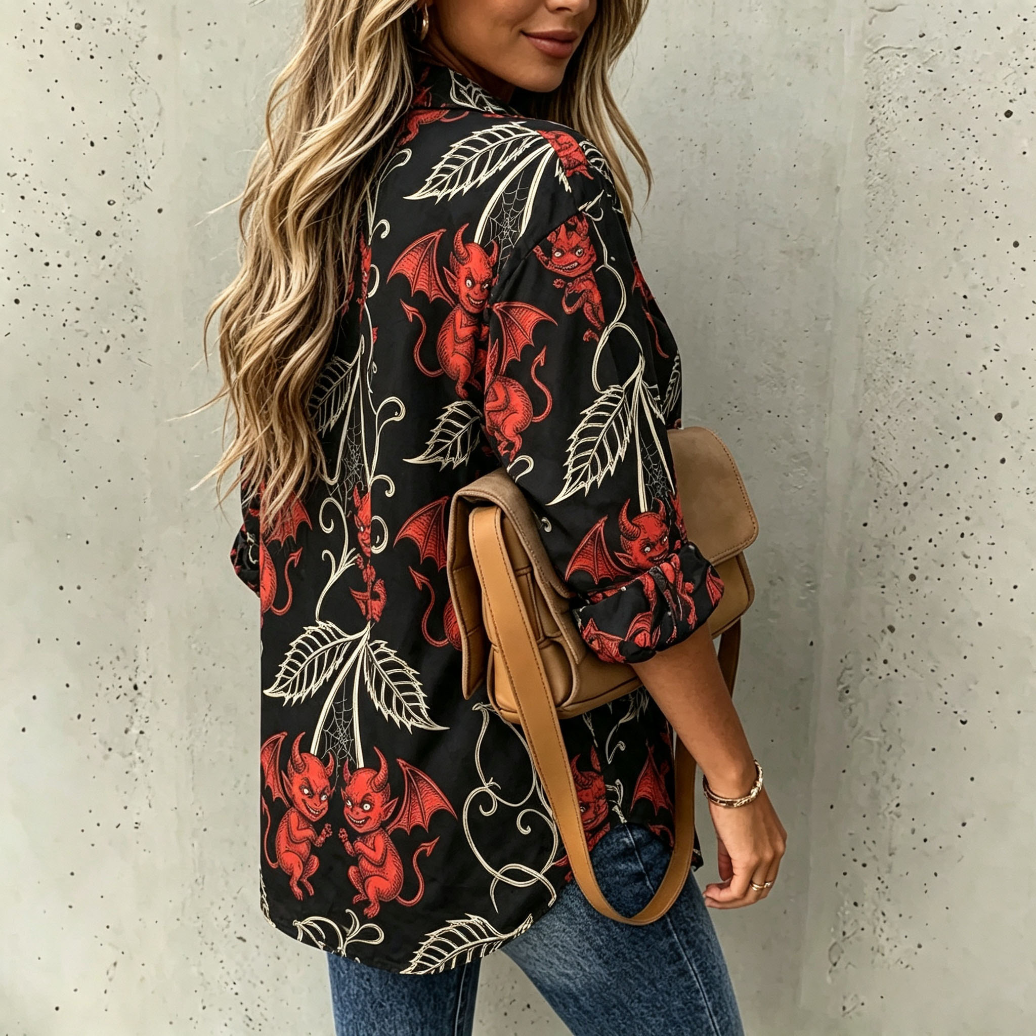 Women's Halloween Devil Print Button Down Shirt – Long Sleeve Gothic Blouse with Red Demon Pattern and Casual Loose Fit