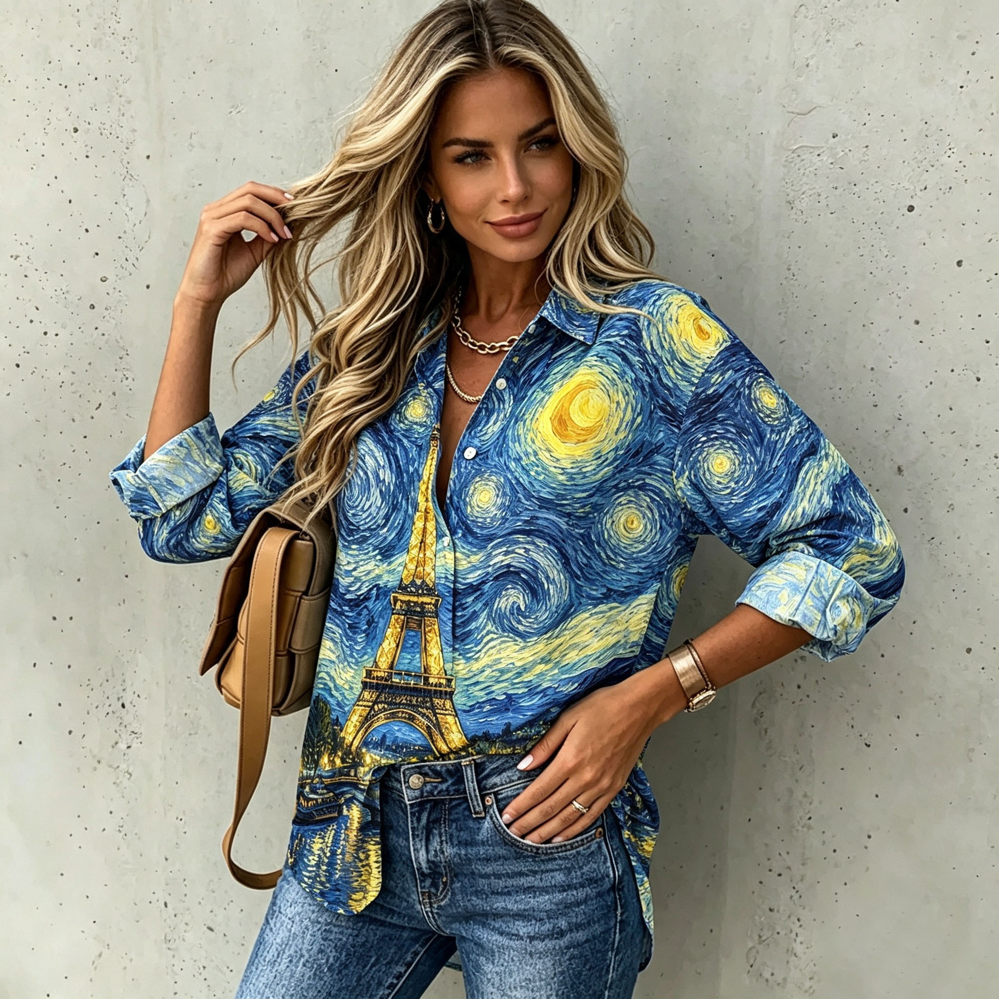 Women's Starry Night Eiffel Tower Print Button Down Shirt – Long Sleeve Artistic Blouse with Paris Night Landscape Design and Relaxed Fit-gemscharms