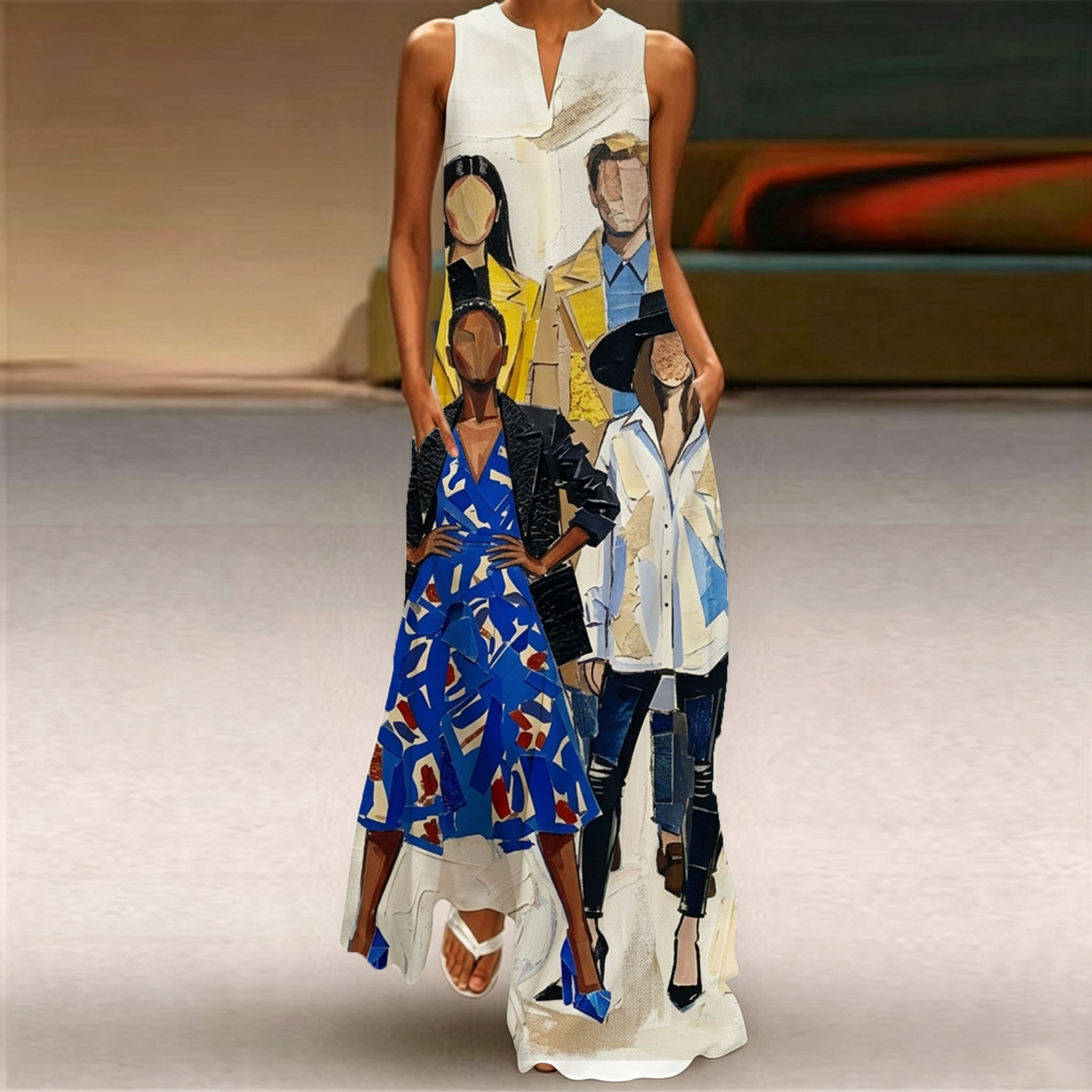 Women’s Abstract Fashion Figure Print Maxi Dress, Sleeveless Loose Fit Long Dress with Pockets, Artistic Casual Summer Dress for Beach Vacation, Travel and Everyday Wear