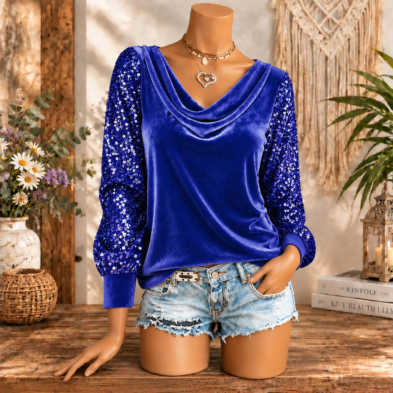 Women’s Velvet Cowl Neck Long Sleeve Top with Sequin Sleeves