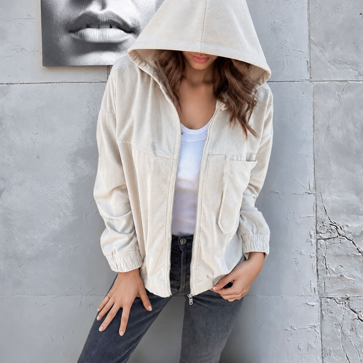 Women’s Corduroy Hooded Jacket Zip Up Casual Coat with Pockets Long Sleeve Relaxed Fit Fall Winter Outerwear