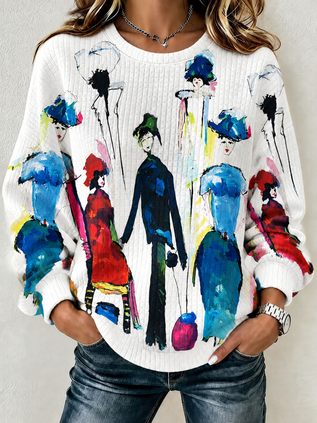 Women's Waffle Knit Crew Neck Sweatshirt, Abstract Fashion Lady Watercolor Art Print Long Sleeve Loose Casual Pullover Tops  >