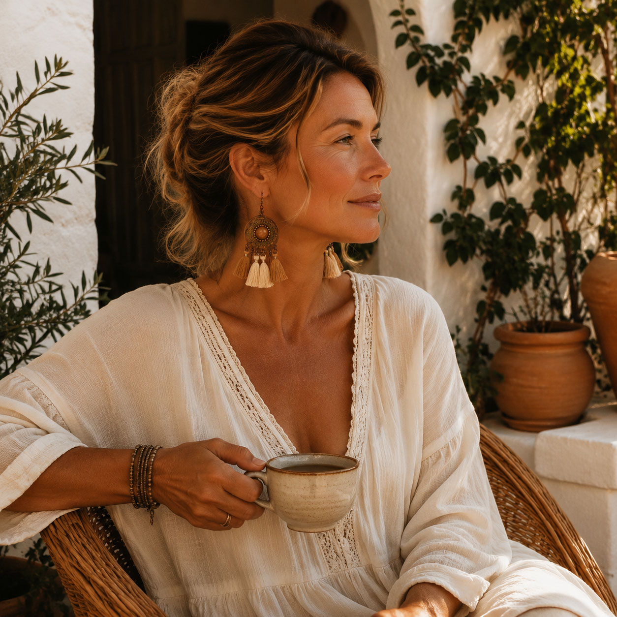 Vintage Boho Dual-Tone Round Filigree Dangle Earrings, Antique Copper Inlaid Faux Tiger Eye Stone with Mixed Khaki Cotton Tassel Fringe Drop Earrings, Ethnic Western Hippie Statement Jewelry for Women Beach Festival Gift