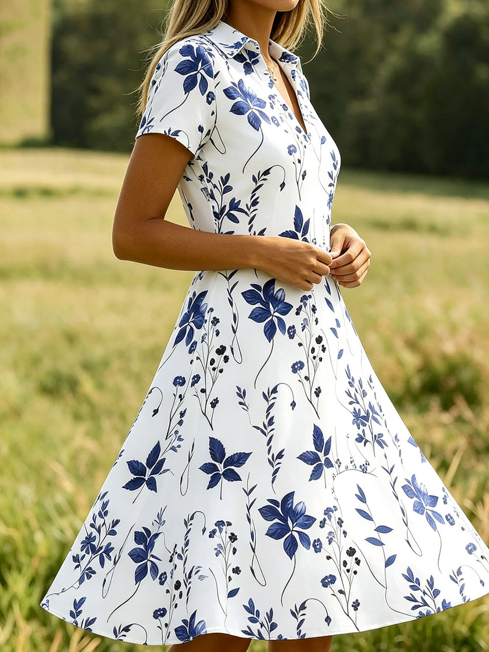 Women’s Floral Print Casual Dress – Short Sleeve V-Neck Summer Dress, Lightweight Polyester Beach Midi Dress