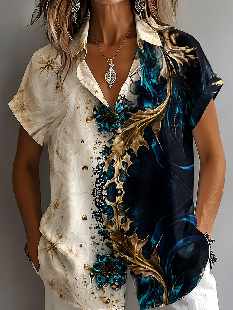 Women's Floral Printed Button Down Shirt – Elegant Casual Short Sleeve Blouse with Lightweight Polyester Fabric