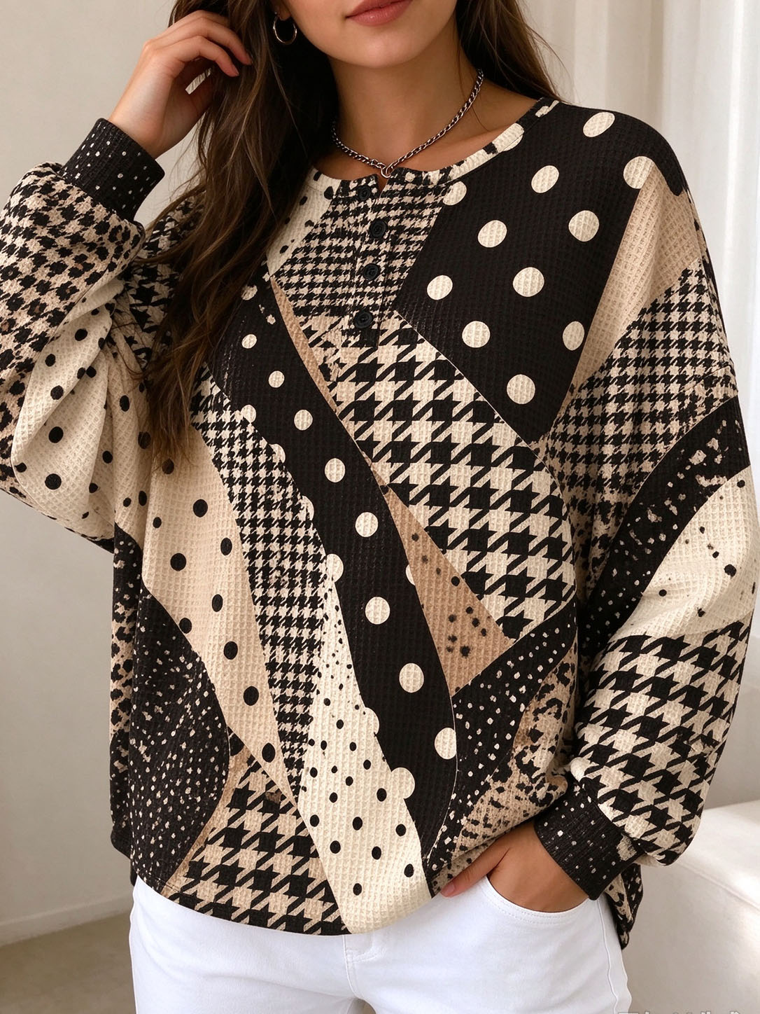 Women Waffle Knit Henley Sweatshirt, Houndstooth Polka Dot Mixed Print Long Sleeve Loose Fit Pullover Tops Fall Casual Blouse