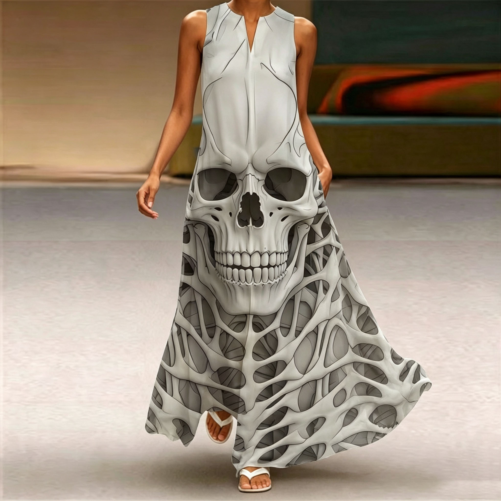 Women Sleeveless Notch V‑Neck Maxi Dress, 3D Skull Skeleton Print Loose Flowy Long Halloween Dress With Side Pockets