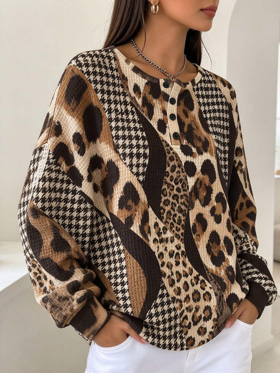 Women Waffle Knit Henley Sweatshirt, Leopard Houndstooth Mixed Print Long Sleeve Loose Fit Pullover Tops Fall Casual Blouse