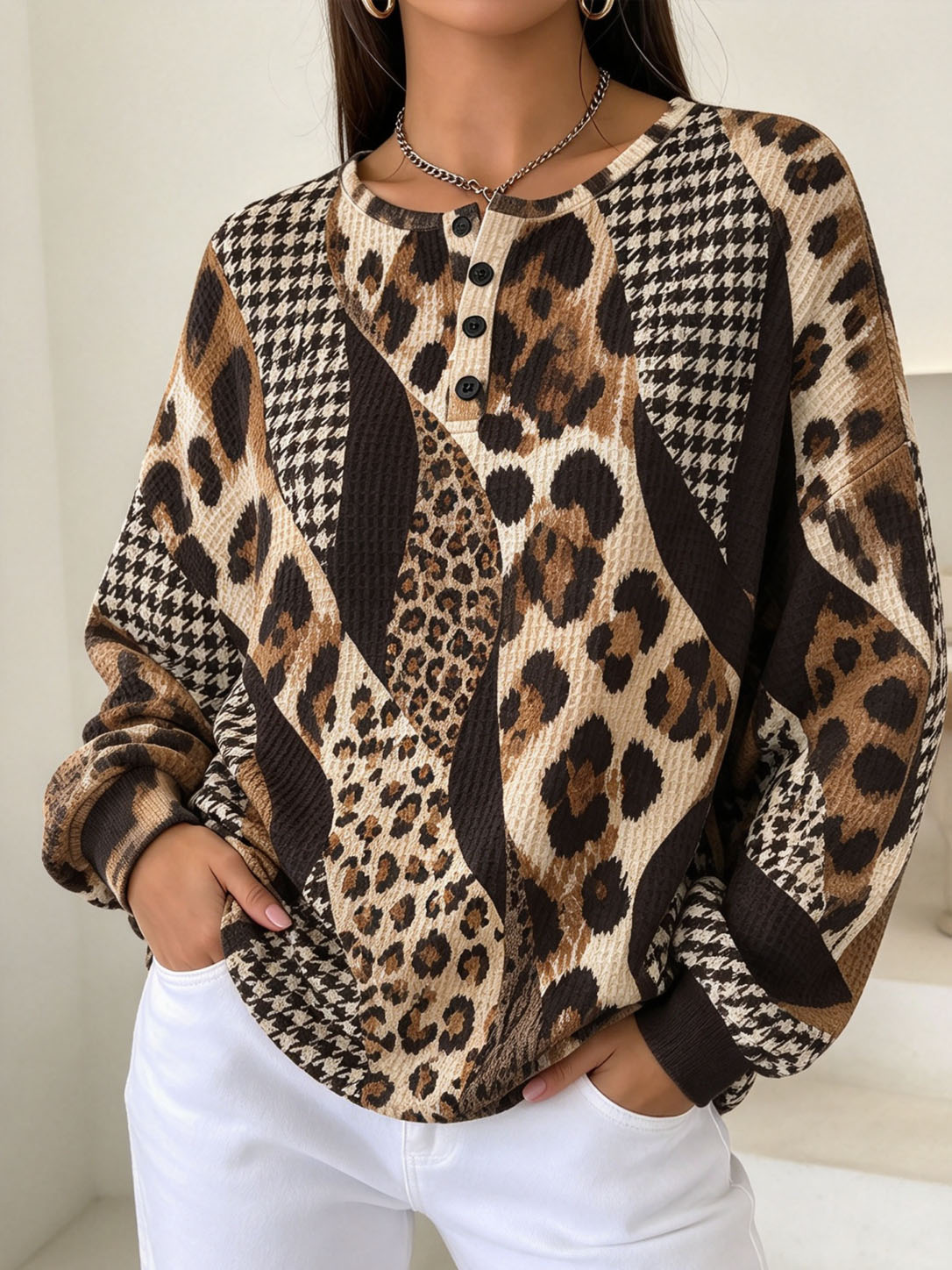 Women Waffle Knit Henley Sweatshirt, Leopard Houndstooth Mixed Print Long Sleeve Loose Fit Pullover Tops Fall Casual Blouse