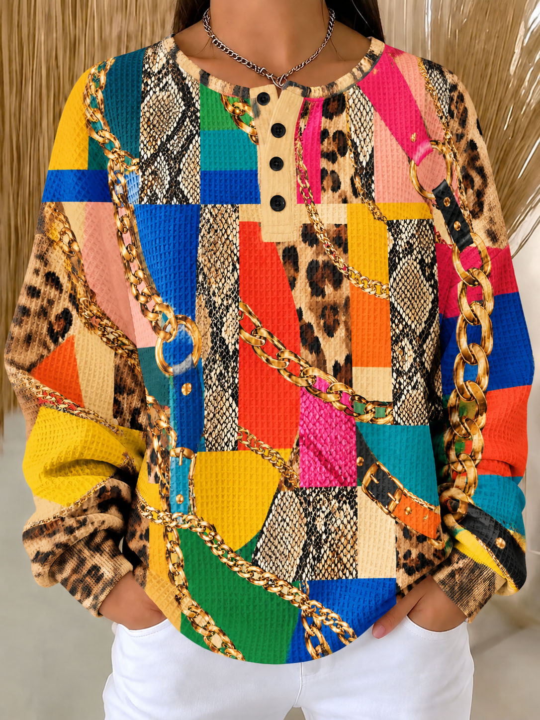  Women Waffle Knit Henley Sweatshirt, Color Block Leopard Snake Skin Gold Chain Mixed Print Long Sleeve Loose Fit Pullover Tops Fall Casual Blouse
