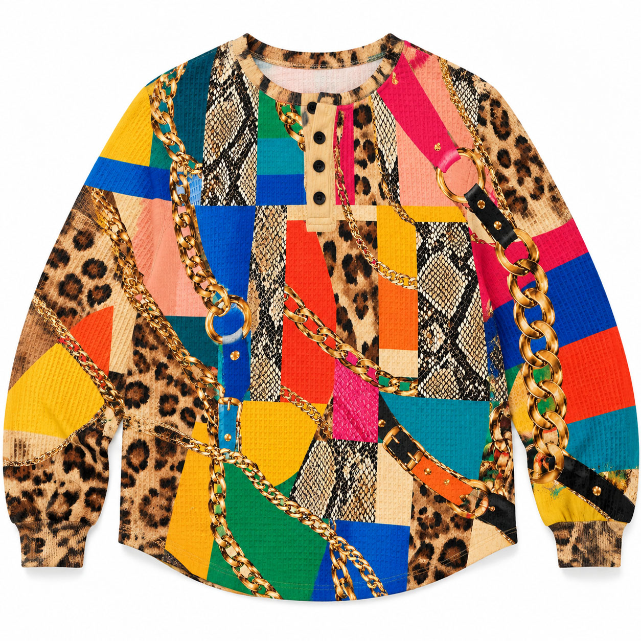  Women Waffle Knit Henley Sweatshirt, Color Block Leopard Snake Skin Gold Chain Mixed Print Long Sleeve Loose Fit Pullover Tops Fall Casual Blouse
