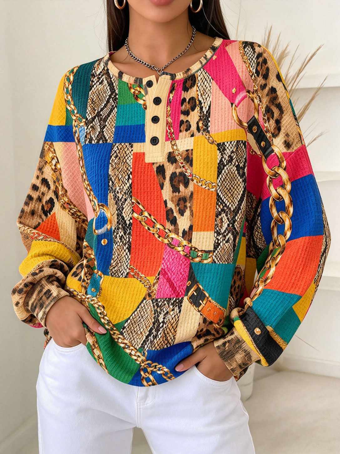  Women Waffle Knit Henley Sweatshirt, Color Block Leopard Snake Skin Gold Chain Mixed Print Long Sleeve Loose Fit Pullover Tops Fall Casual Blouse
