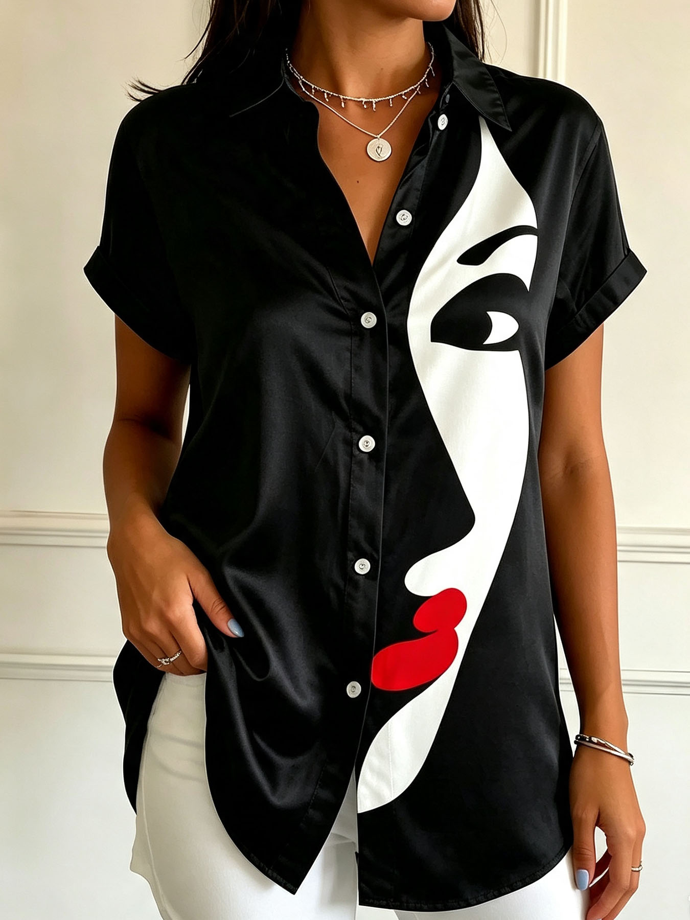 Women's Short Sleeve Button Down Shirt – Elegant Abstract Print Blouse with Collared Neck, Lightweight Polyester Casual Top