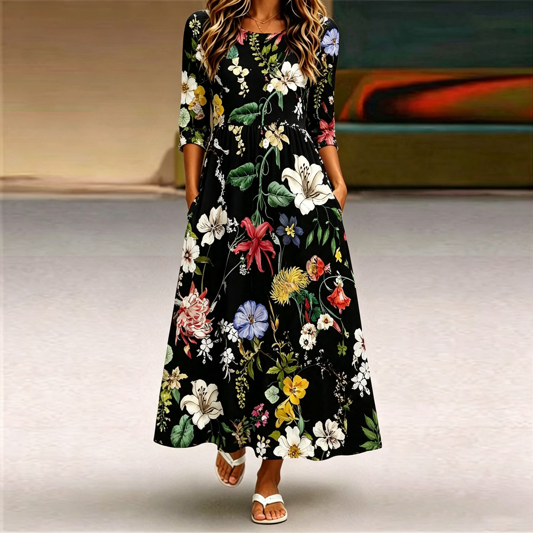 Women's Floral Maxi Dress A Line Dress with Pockets Elegant Black Flower Print Long Dress Casual Summer Spring Dresses for Women