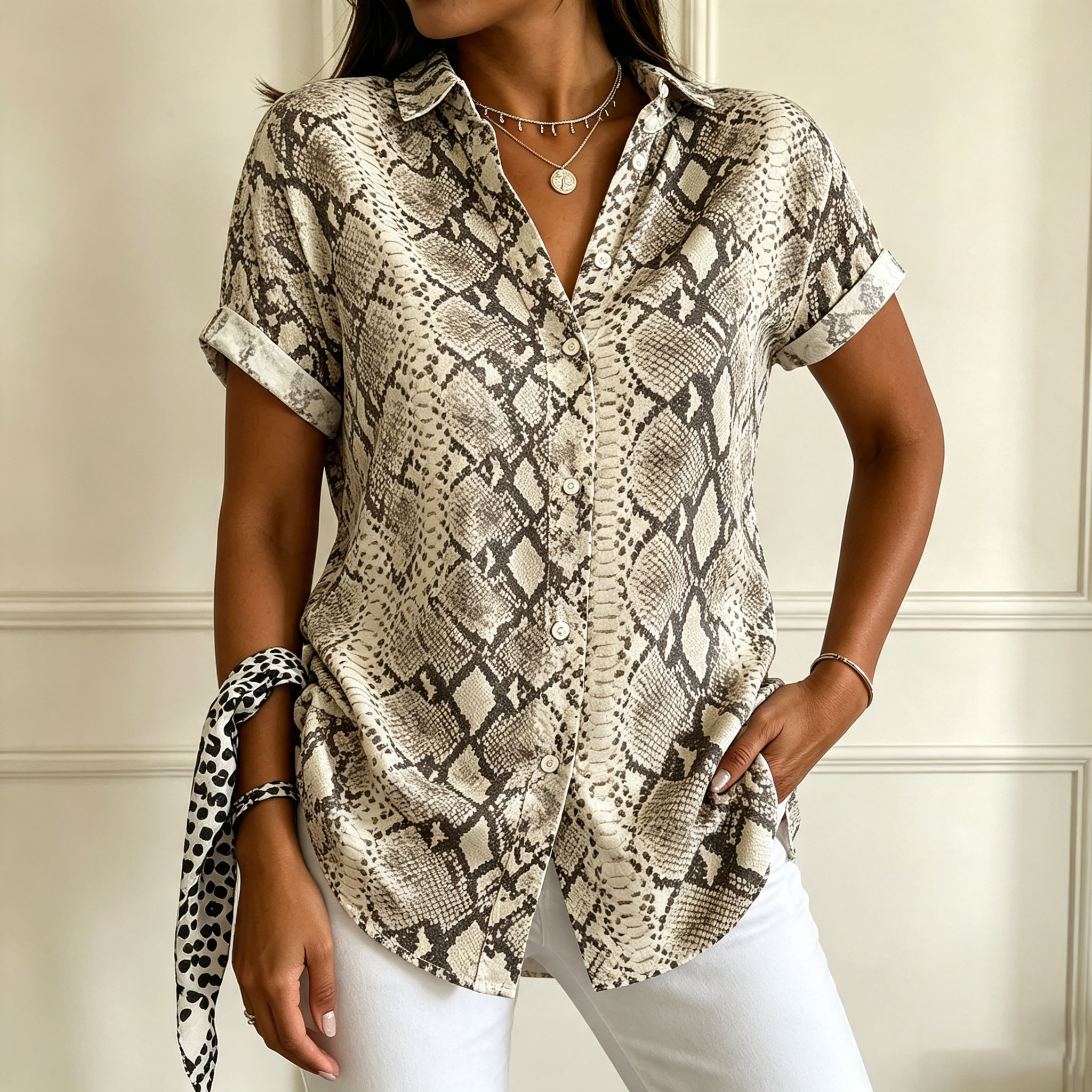 Women's Snake Print Button Down Shirt Short Sleeve Animal Print Blouse Lightweight Polyester Casual Loose Fit Fashion Tops for Vacation Work Daily Wear