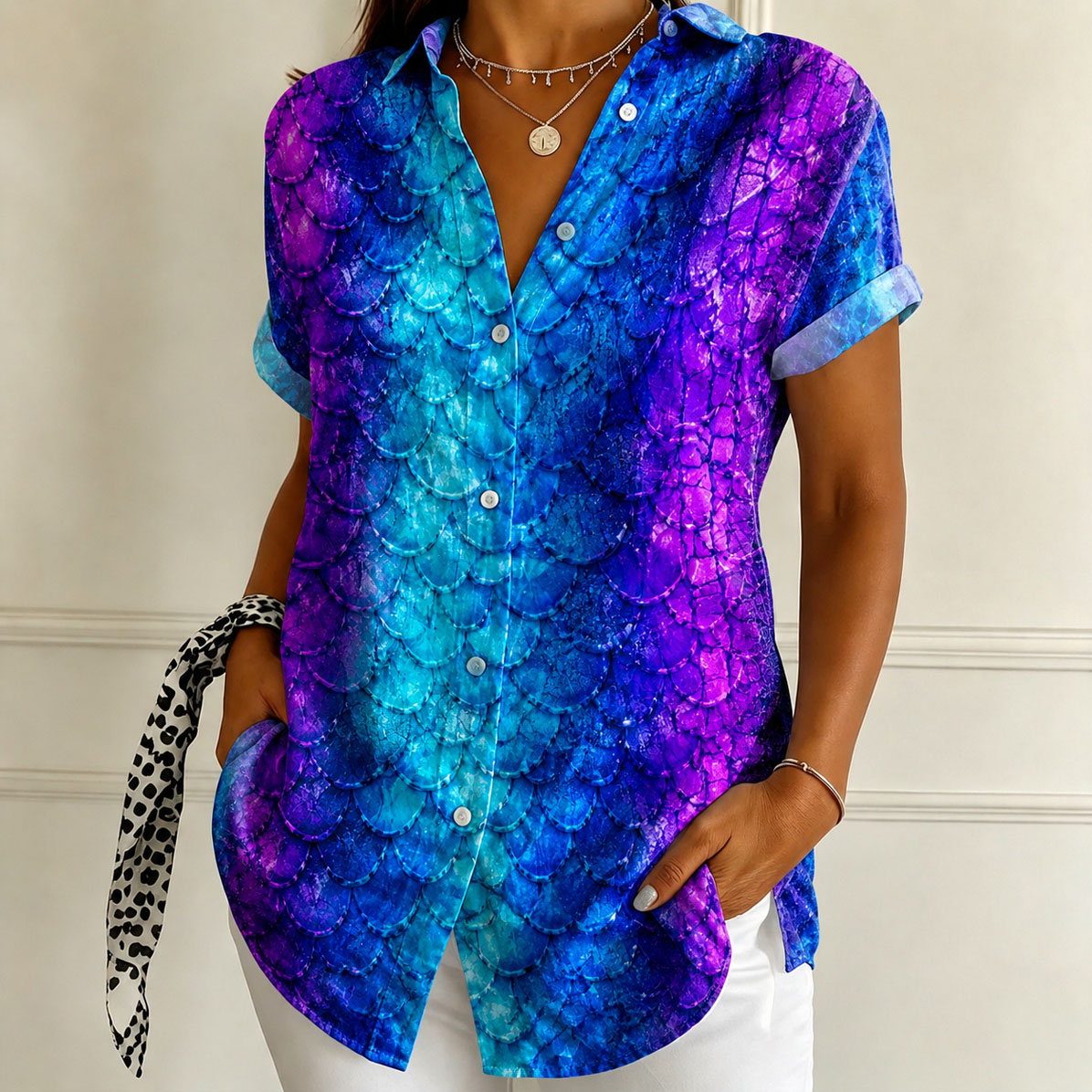 Women’s Short Sleeve Button Down Shirt – Vibrant Mermaid Scale Print Casual Blouse, Lightweight Summer Top