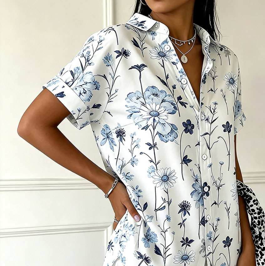 Women's Blue Floral Print Button Down Shirt – Elegant Botanical Short Sleeve Blouse with Lightweight Polyester Fabric