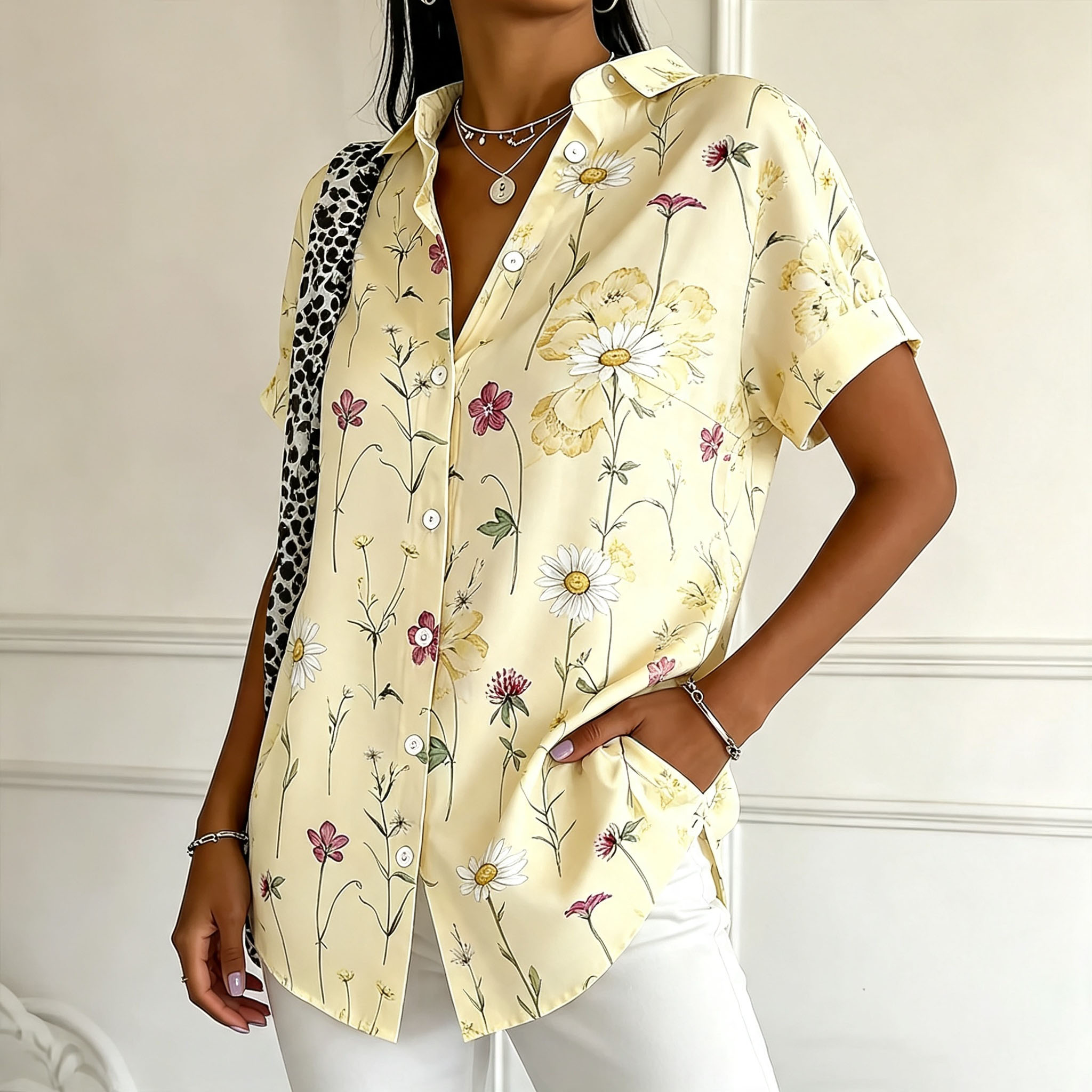 Women's Floral Print Short Sleeve Button Down Shirts, Lightweight Polyester Collared Pocket Blouses Casual Summer Loose Fit Tops
