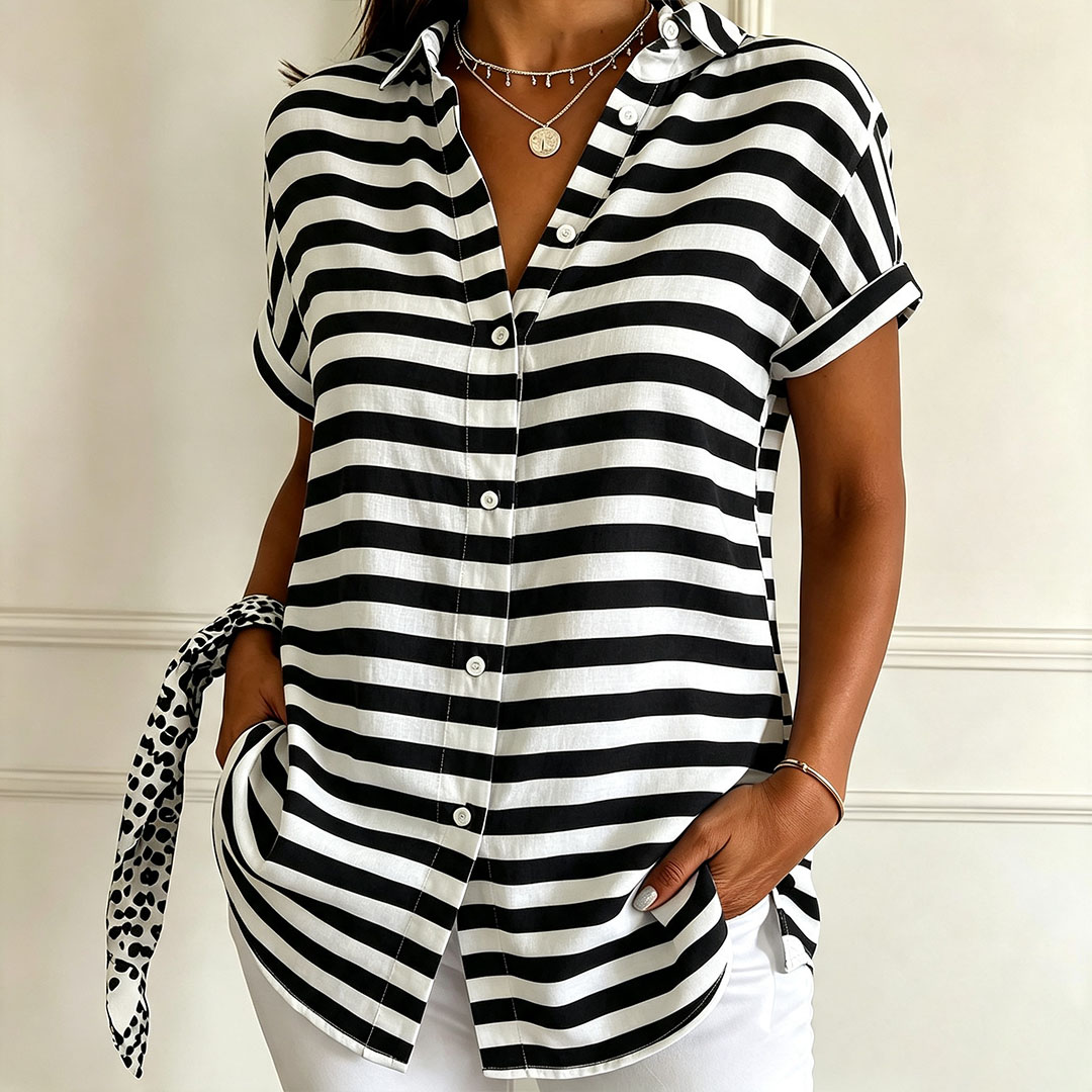 Women's Black and White Striped Button Down Shirt – Short Sleeve Casual Blouse, Lightweight Loose Fit Summer Top