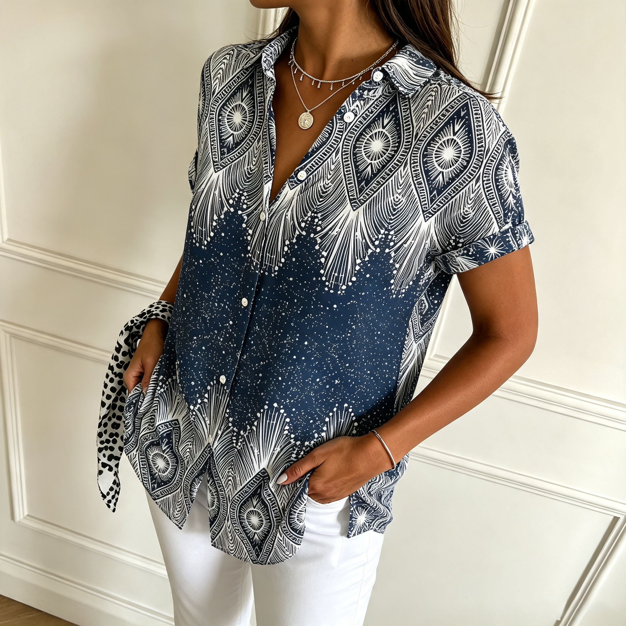    Women's Short Sleeve Button Down Shirt – Elegant Printed Casual Blouse with Soft Polyester Fabric