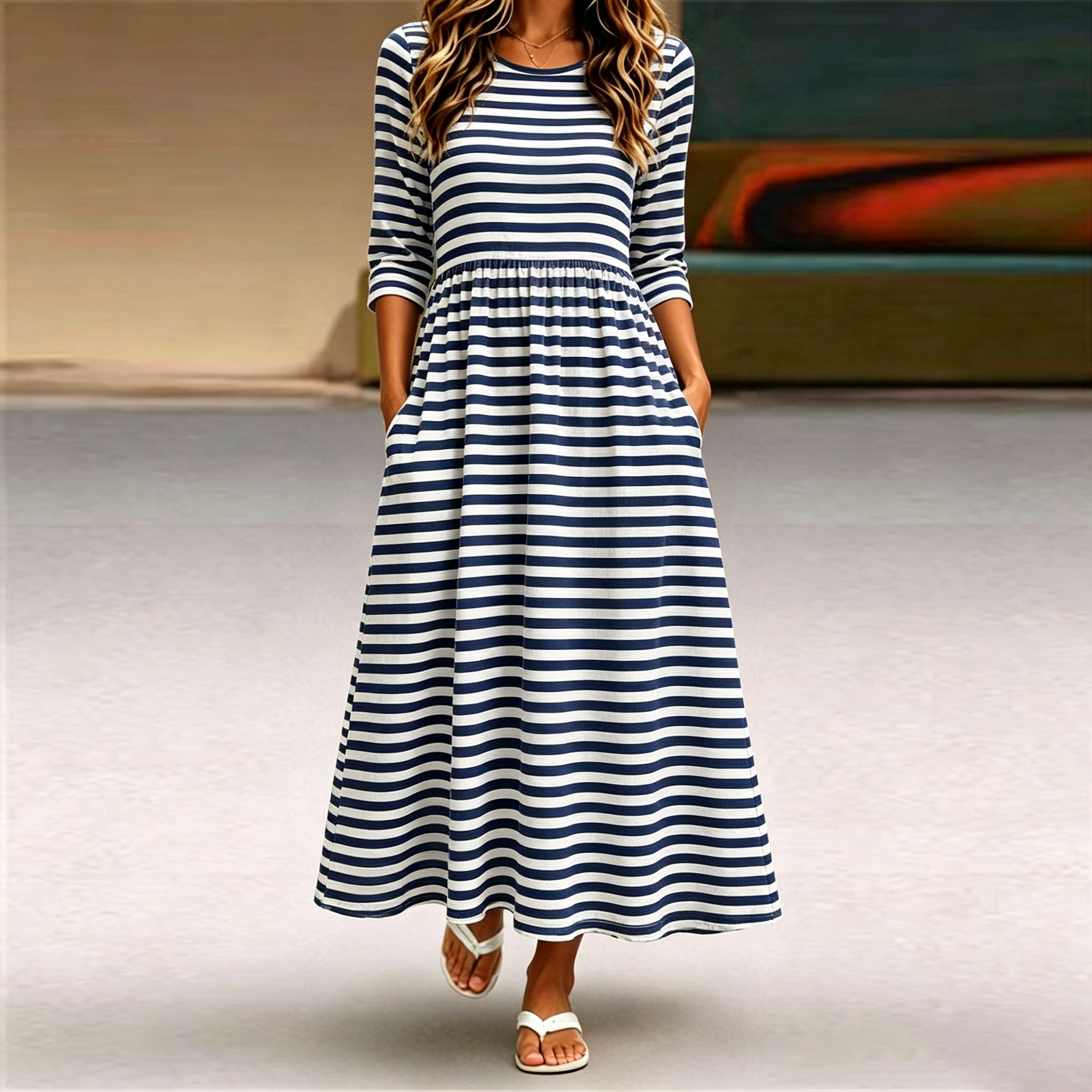 Women’s Striped Maxi Dress, Navy Blue and White Long Sleeve Casual Dress, A-Line Swing Dress with Pockets, Classic Casual Summer Dress for Vacation, Travel, Work & Everyday Wear