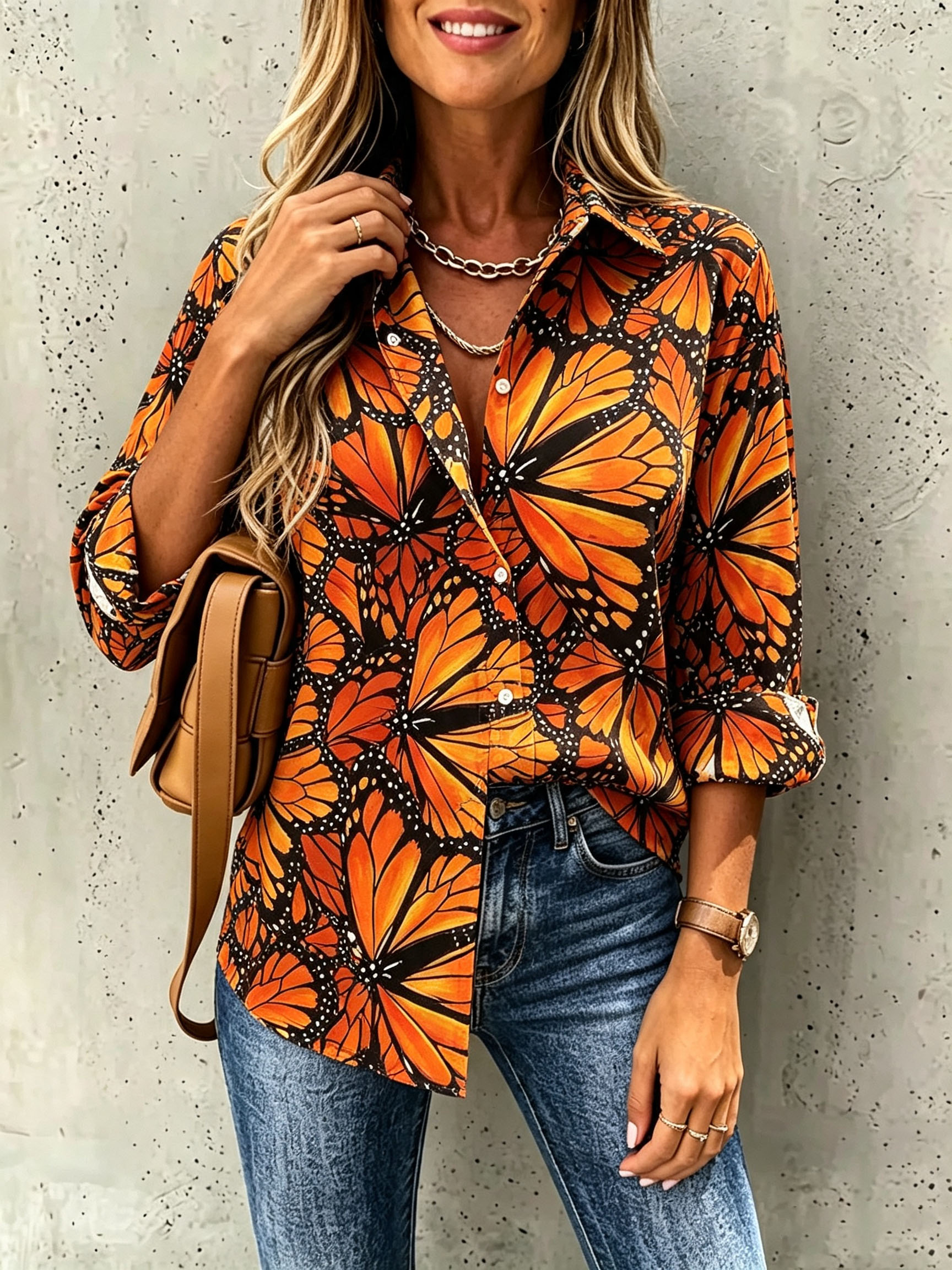 Women's Butterfly Print Button Down Shirt Long Sleeve Casual Blouse Colorful Floral Printed Tops Loose Fit Shirt for Spring Summer Fall Fashion-gemscharms