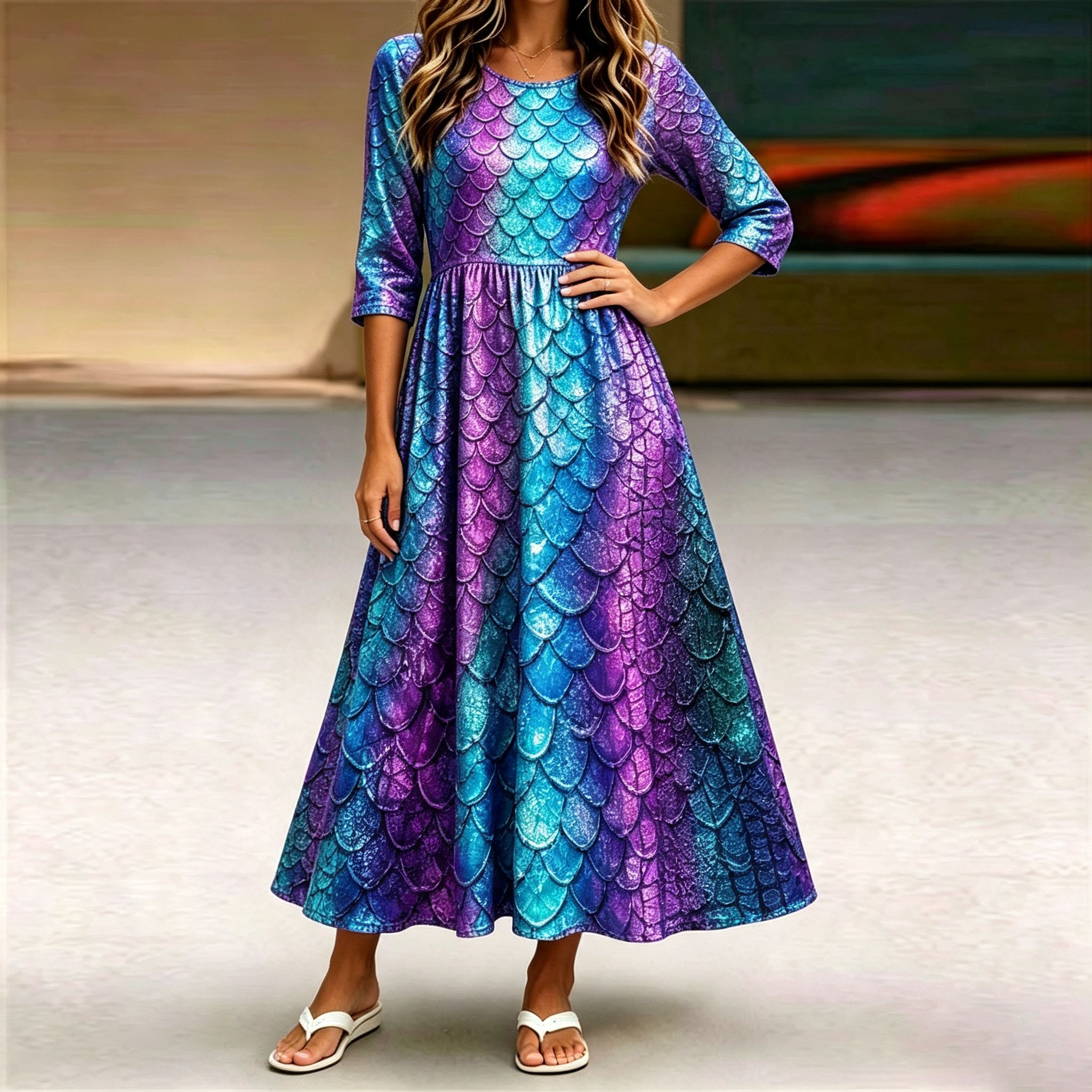 Women's Mermaid Scale Print Maxi Dress 5/8 Sleeve Casual A Line Dress Round Neck High Waist Swing Dress Colorful Fantasy Dress with Pockets
