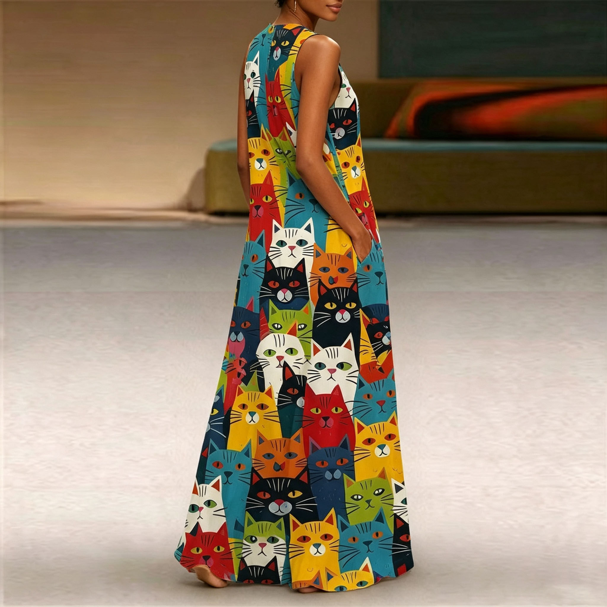 Women's Colorful Cat Print Maxi Dress – Sleeveless Casual Summer Dress with Artistic Animal Pattern and Relaxed Fit