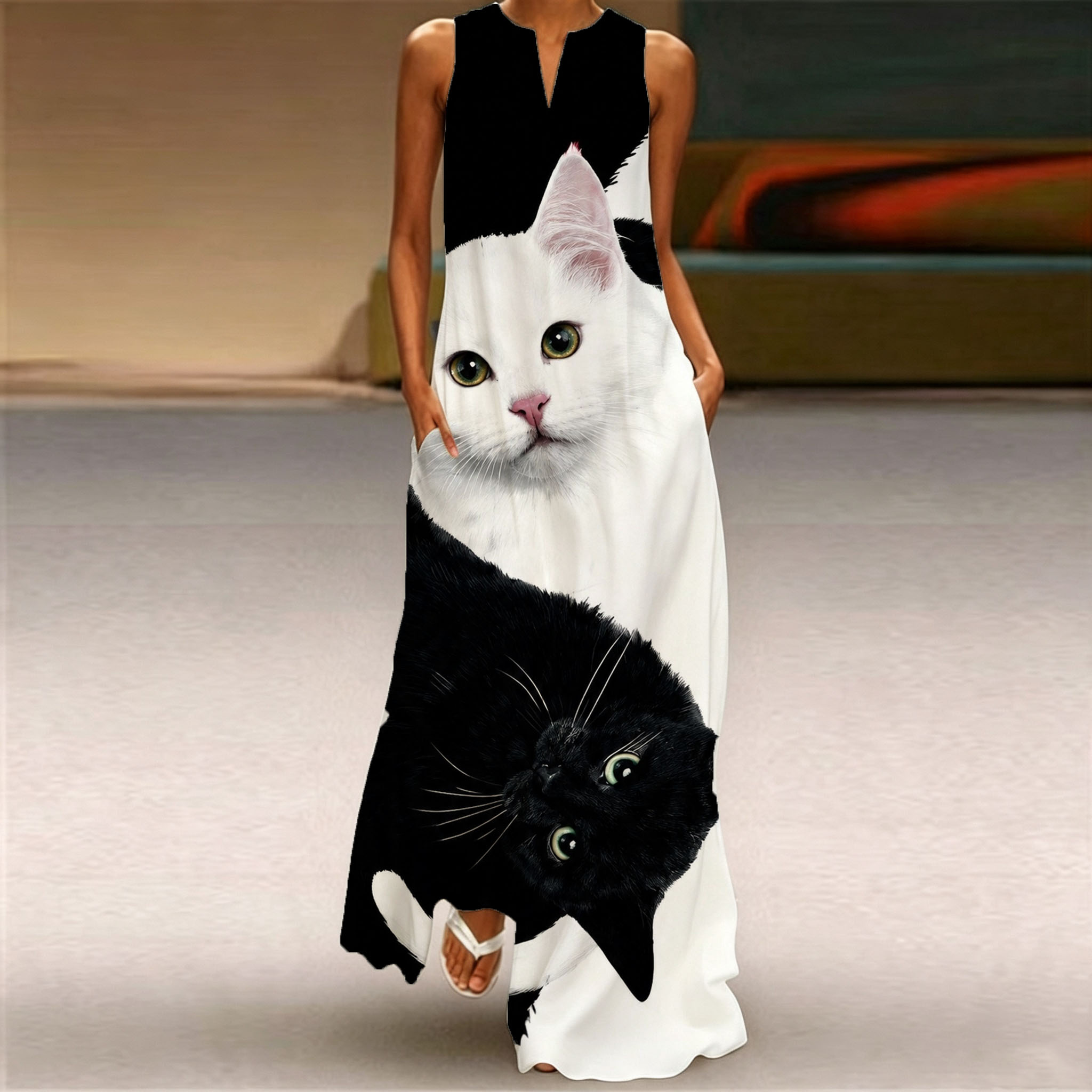 Women's Cat Print Maxi Dress – Sleeveless Long A-Line Dress with Pockets, Cute Animal Graphic Summer Casual Vacation Dress
