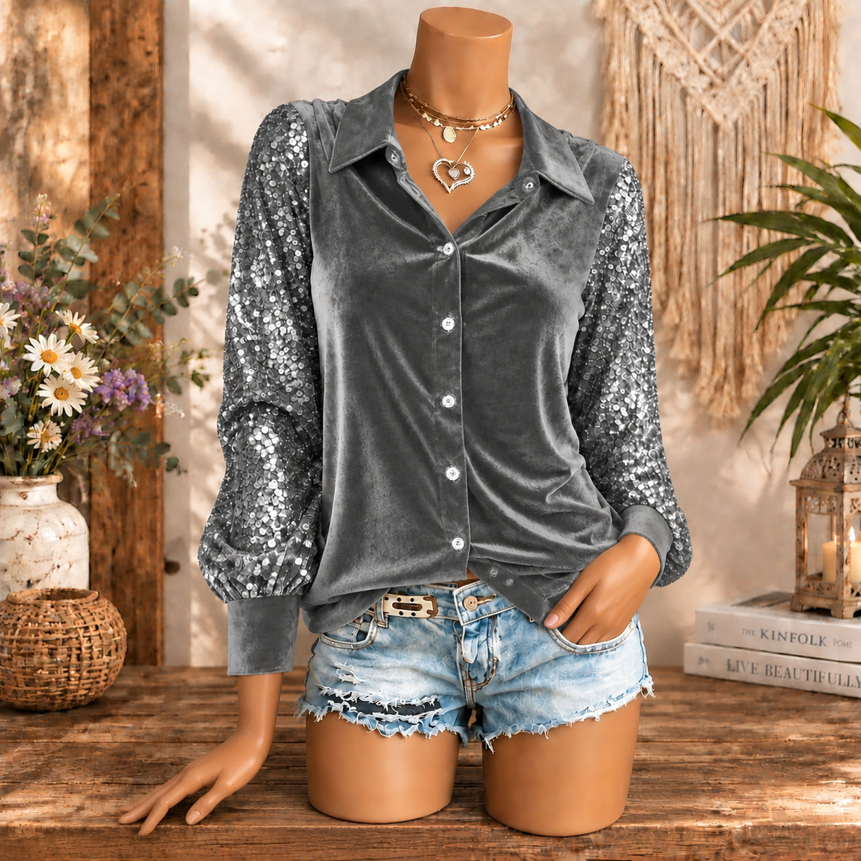 Women's Velvet Button Down Shirt Sequin Long Sleeve Blouse Elegant Sparkle Party Top Casual Luxury Shirt for Fall Winter