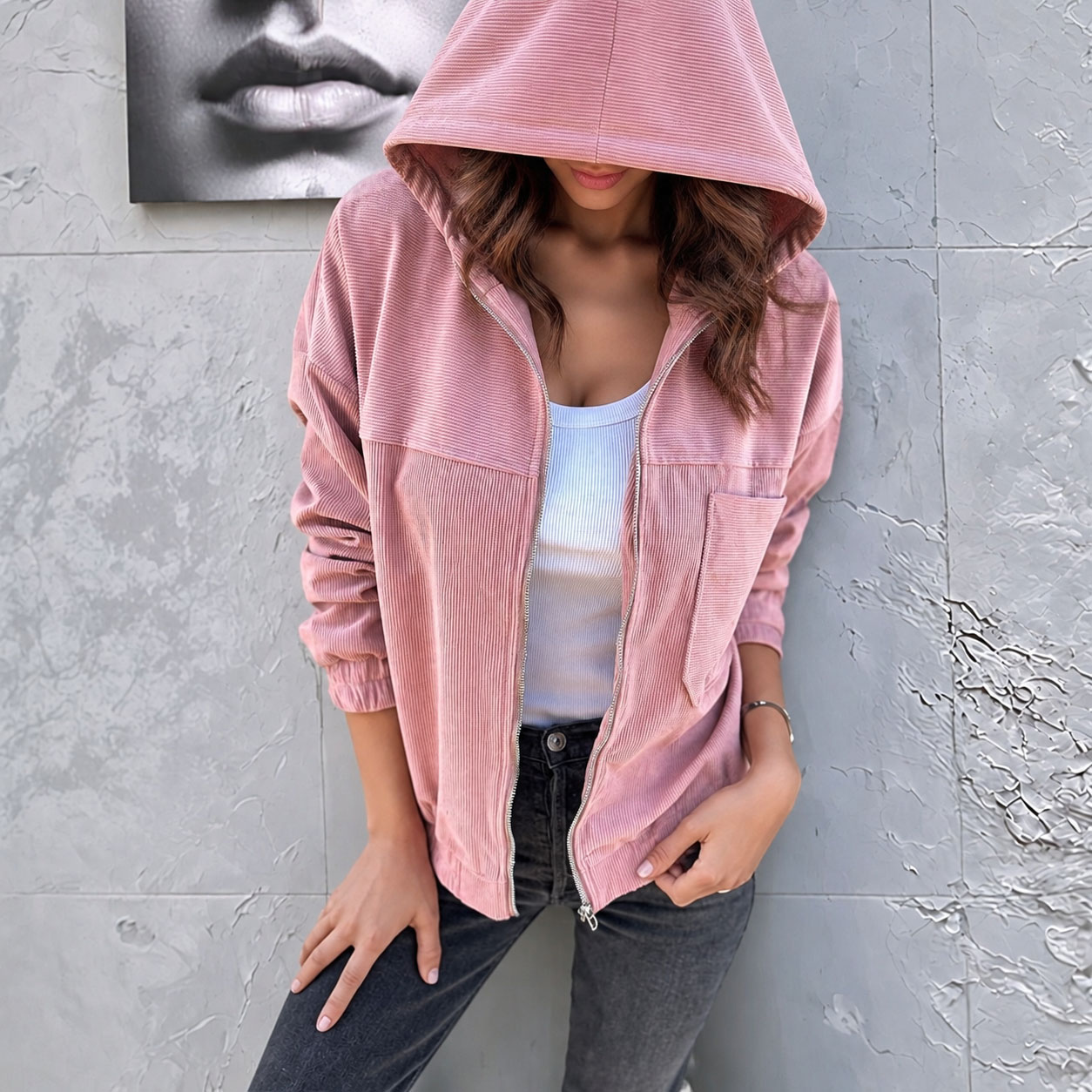 Women’s Corduroy Hooded Jacket Zip Up Casual Coat with Pockets Long Sleeve Relaxed Fit Fall Winter Outerwear