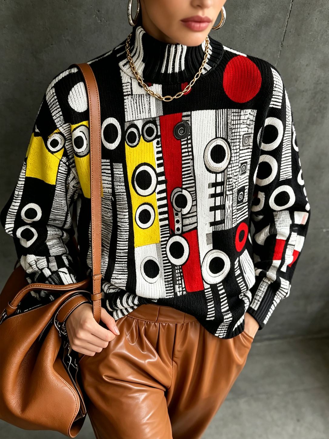 Women's Abstract Geometric Print Turtleneck Sweater Long Sleeve Pullover Knit Top Casual Loose Fit Fall Winter Fashion Sweater