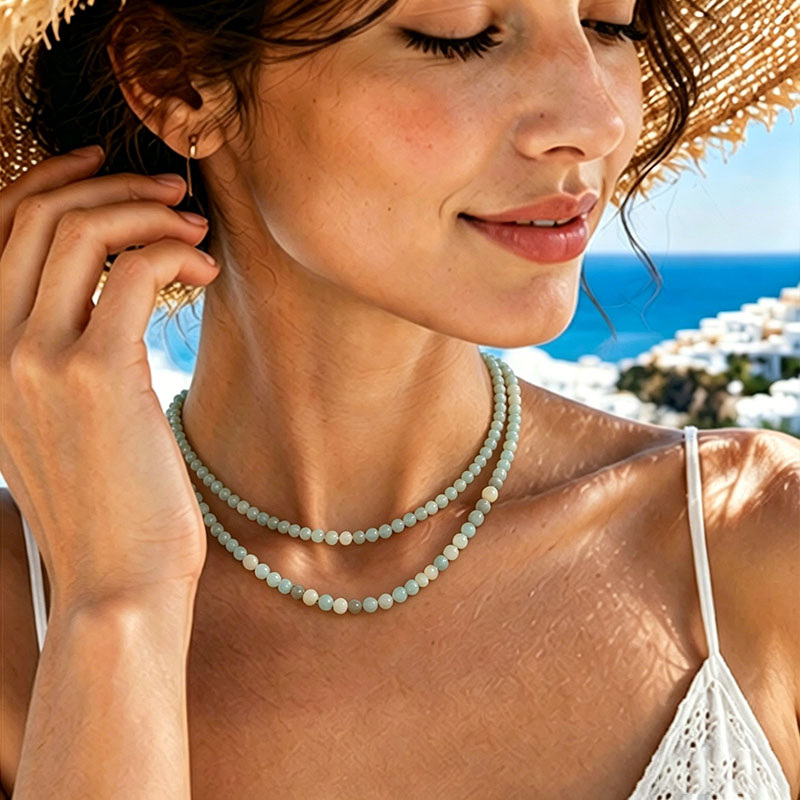 mazonite Beaded Necklace – Mediterranean Sea Inspired Gemstone Jewelry | Handmade Natural Stone Necklace for Women | Calm Ocean Blue Crystal Strand