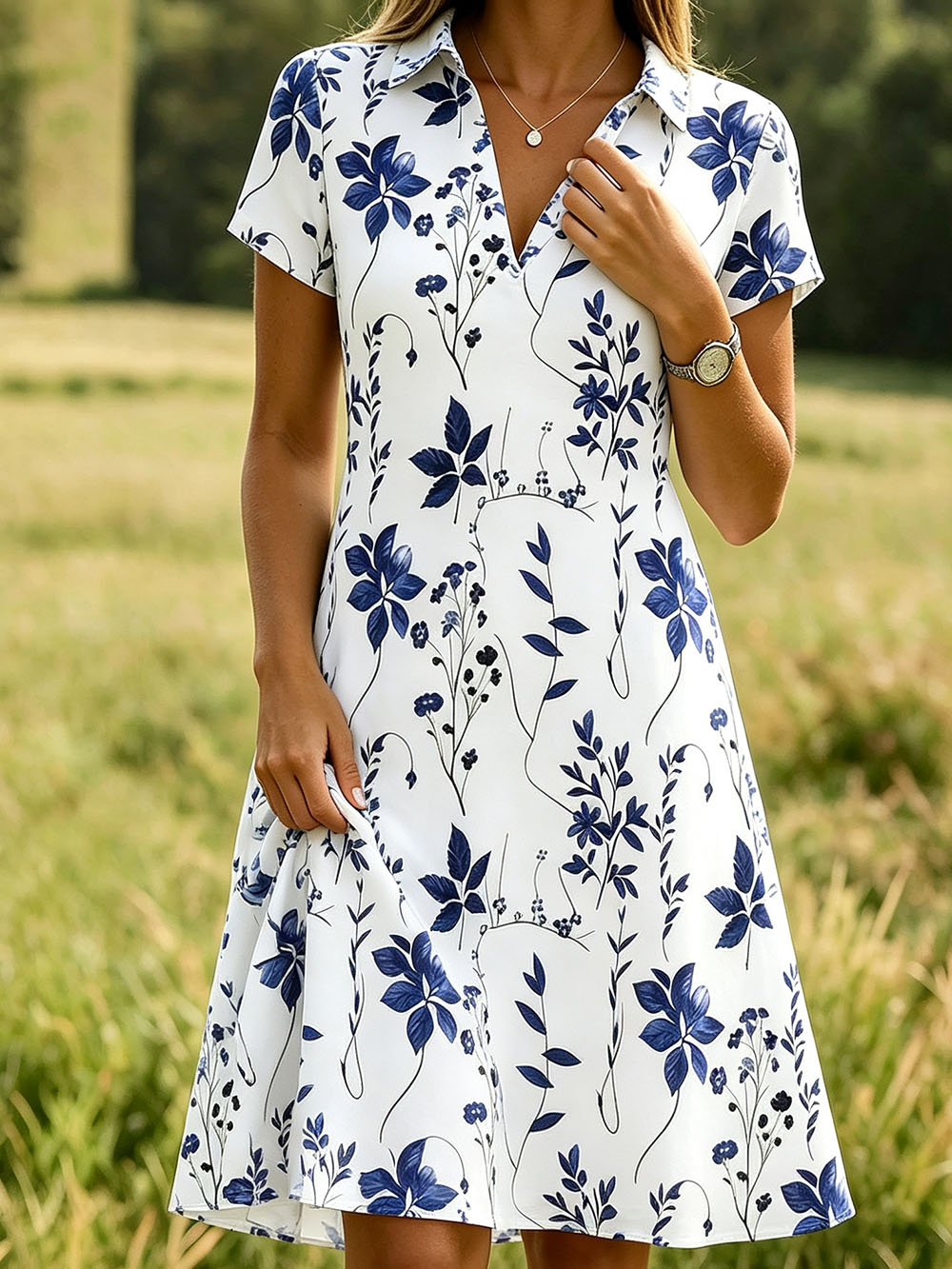 Women’s Floral Print Casual Dress – Short Sleeve V-Neck Summer Dress, Lightweight Polyester Beach Midi Dress
