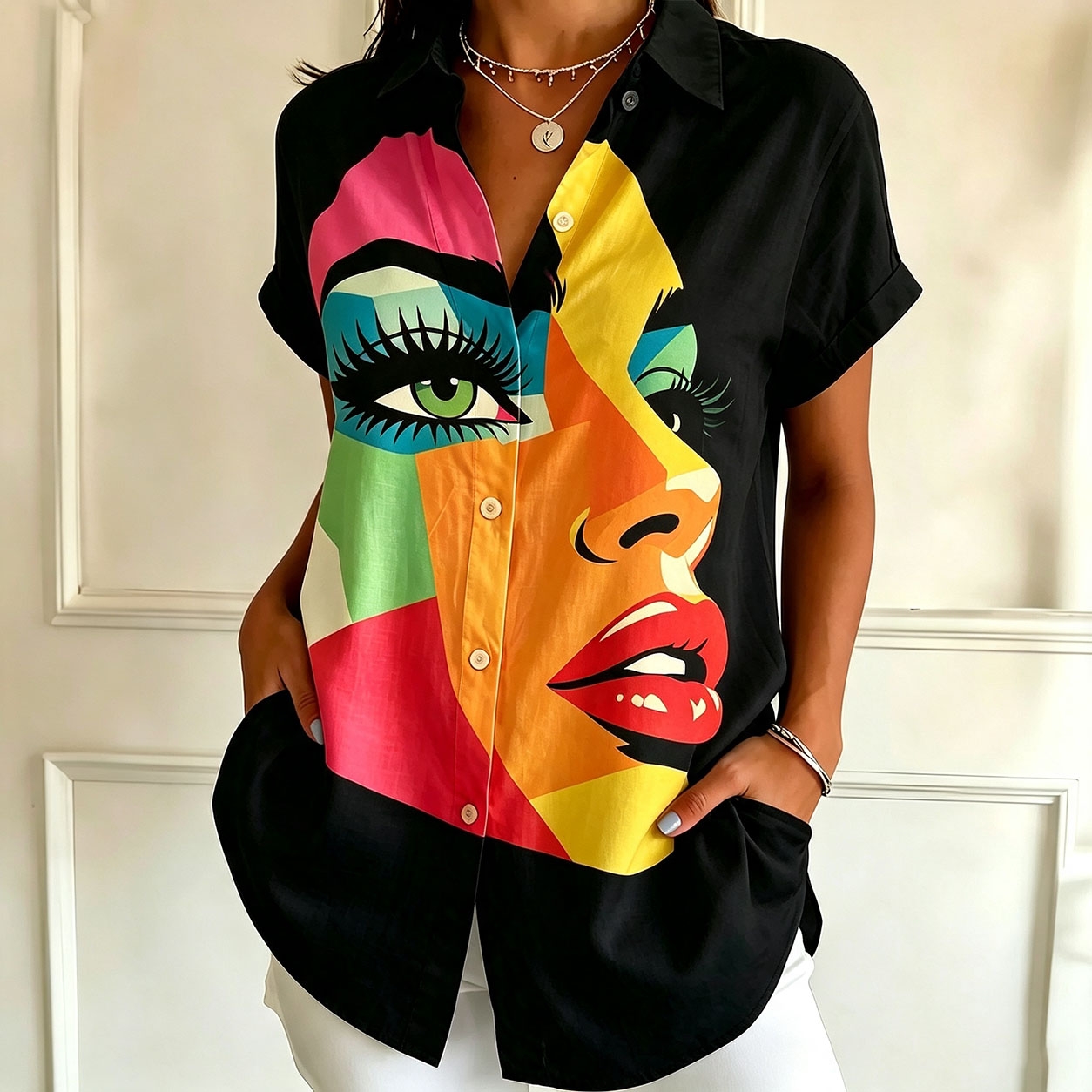 Women’s Abstract Graphic Print Button Down Shirt – Colorful Artistic Short Sleeve Blouse Casual Loose Fit Top