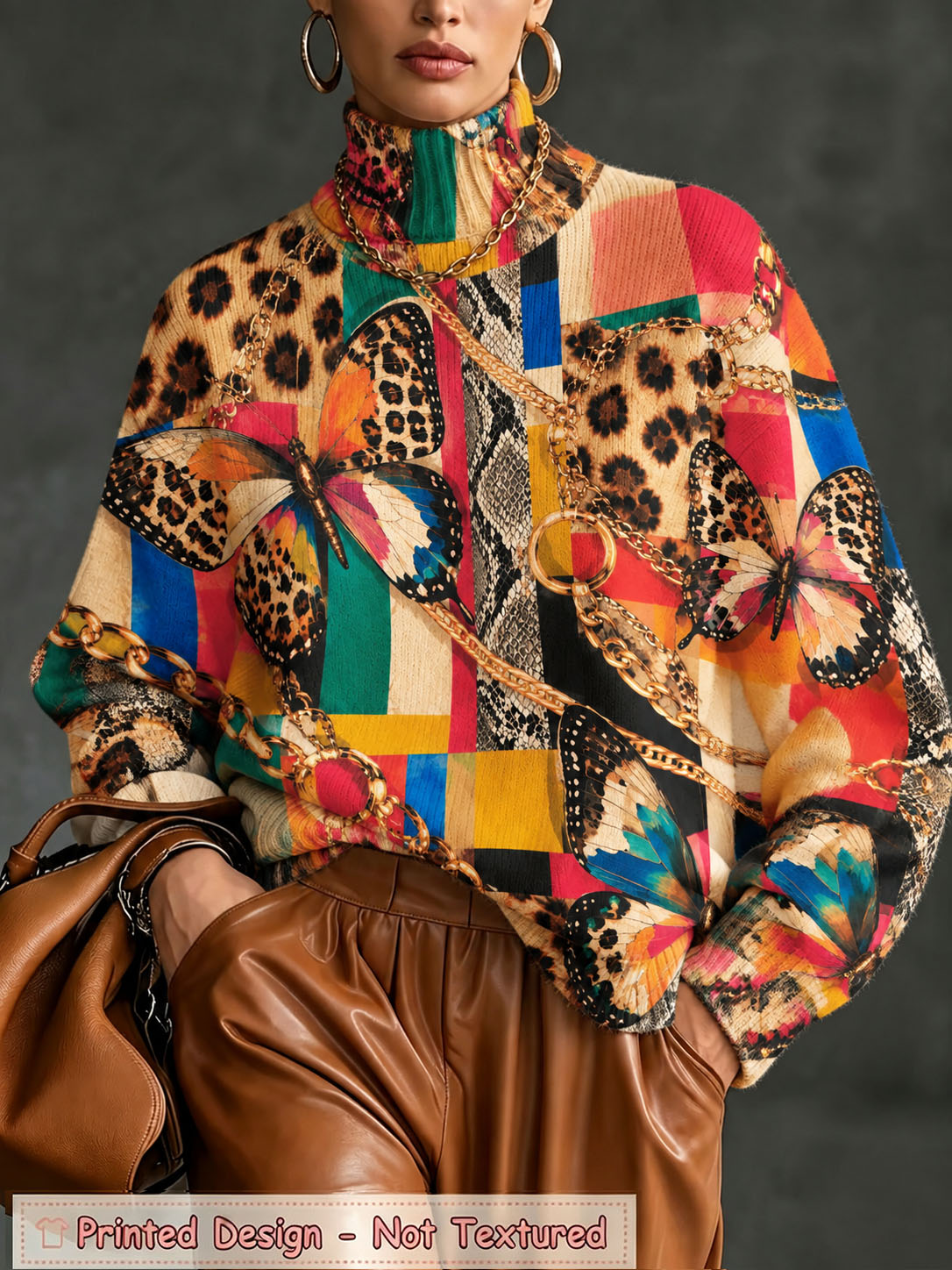 Women Turtleneck Printed Sweater, Vibrant Butterfly Leopard Color Block Gold Chain Mixed Animal Print Long Sleeve Loose Pullover Tops Fall Winter Casual Blouse