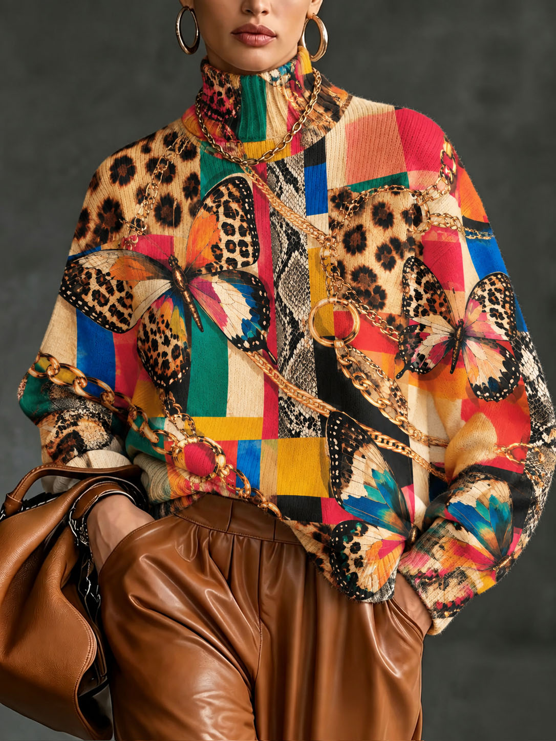 Women Turtleneck Printed Sweater, Vibrant Butterfly Leopard Color Block Gold Chain Mixed Animal Print Long Sleeve Loose Pullover Tops Fall Winter Casual Blouse