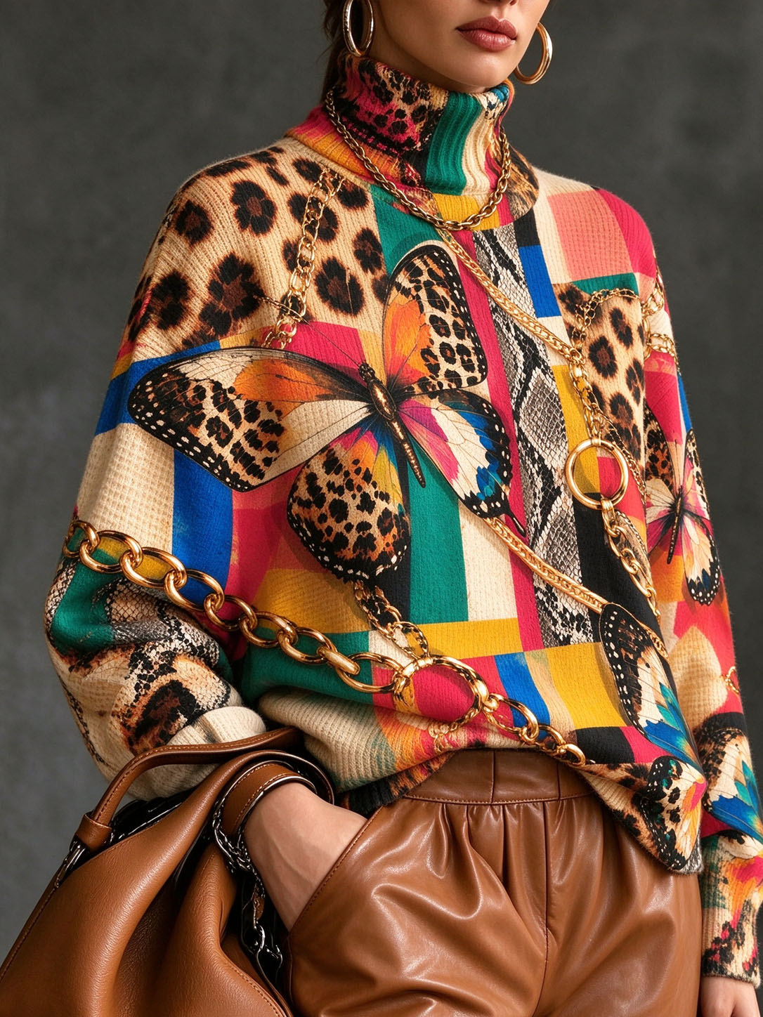 Women Turtleneck Printed Sweater, Vibrant Butterfly Leopard Color Block Gold Chain Mixed Animal Print Long Sleeve Loose Pullover Tops Fall Winter Casual Blouse
