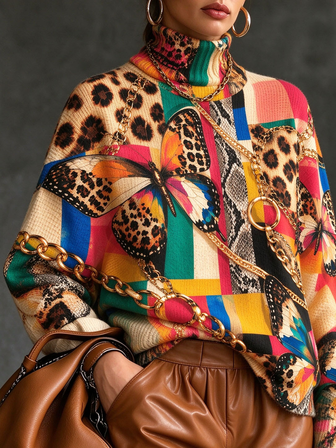 Women Turtleneck Printed Sweater, Vibrant Butterfly Leopard Color Block Gold Chain Mixed Animal Print Long Sleeve Loose Pullover Tops Fall Winter Casual Blouse