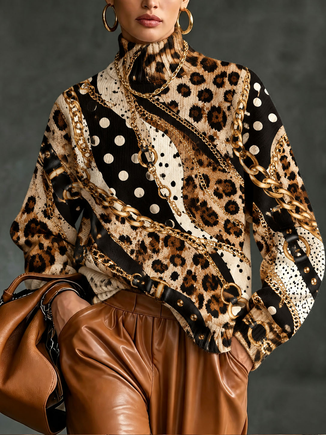 Women Turtleneck Printed Sweater, Retro Leopard Polka Dot Gold Chain Mixed Print Long Sleeve Loose Pullover Tops Fall Winter Casual Blouse