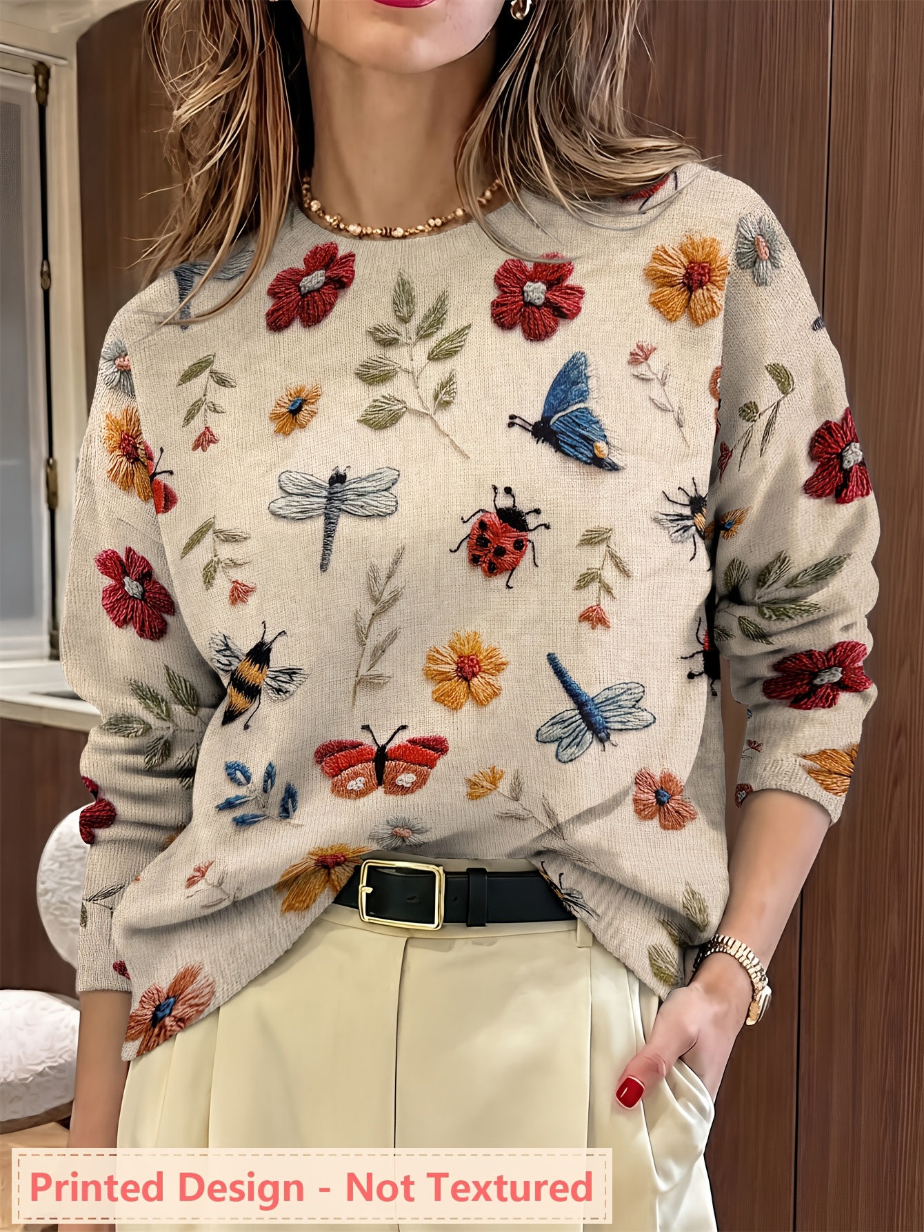 Women’s Floral Butterfly Print Sweater – Vintage Botanical Crew Neck Knit Pullover with Nature Inspired Design