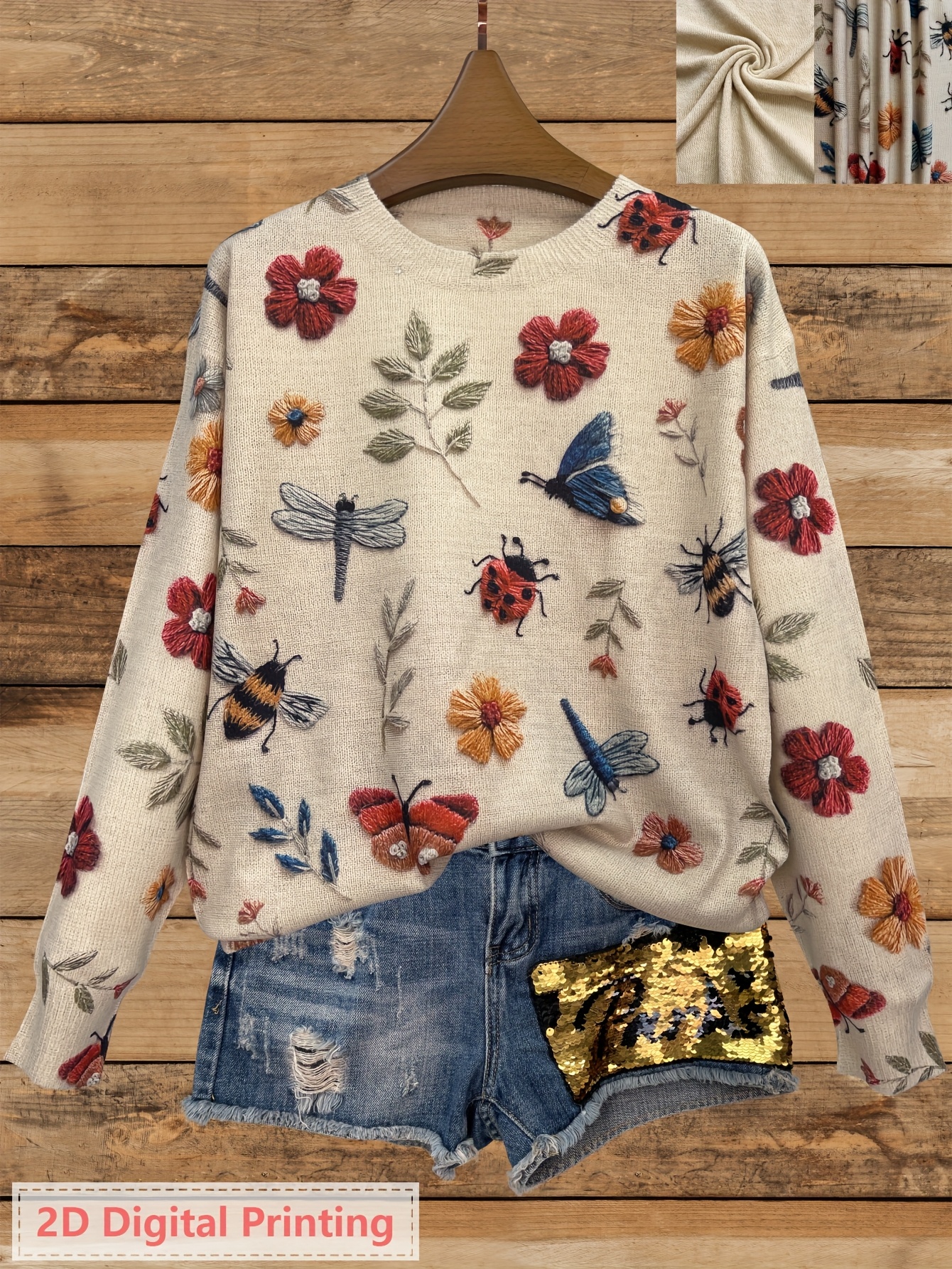 Women’s Floral Butterfly Print Sweater – Vintage Botanical Crew Neck Knit Pullover with Nature Inspired Design