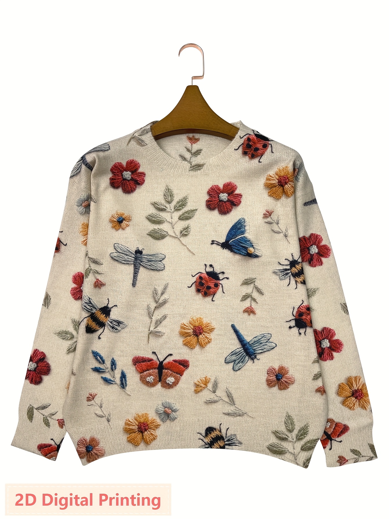 Women’s Floral Butterfly Print Sweater – Vintage Botanical Crew Neck Knit Pullover with Nature Inspired Design