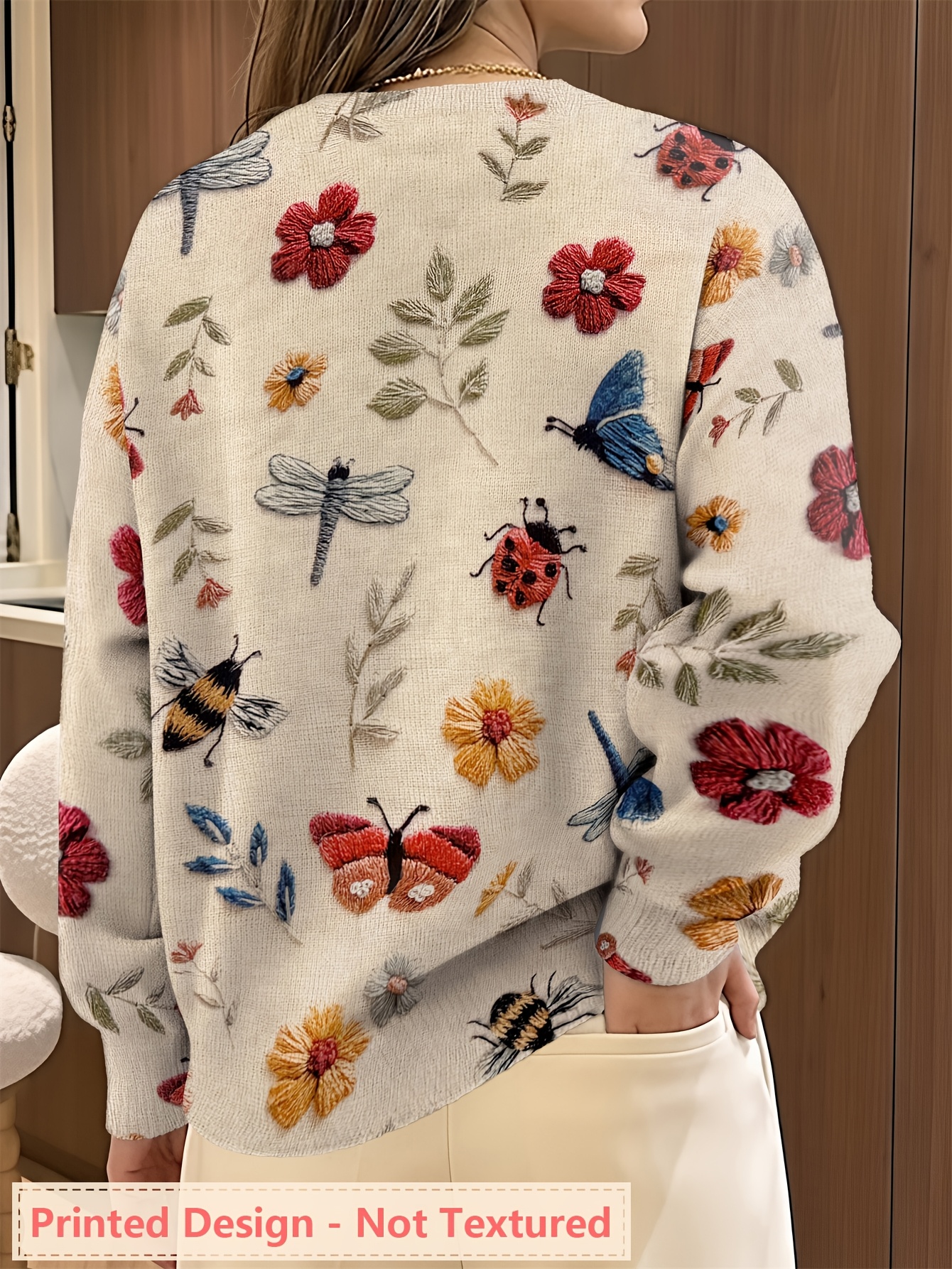 Women’s Floral Butterfly Print Sweater – Vintage Botanical Crew Neck Knit Pullover with Nature Inspired Design