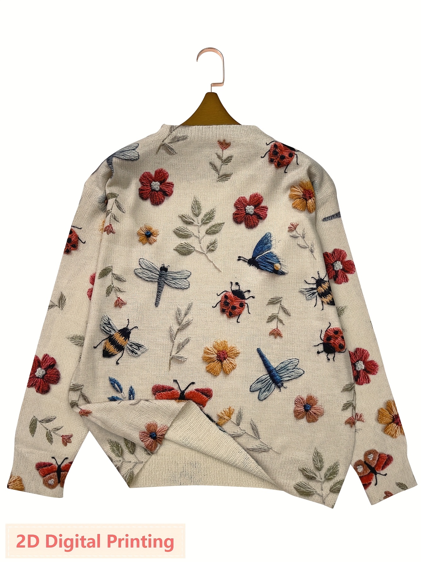 Women’s Floral Butterfly Print Sweater – Vintage Botanical Crew Neck Knit Pullover with Nature Inspired Design