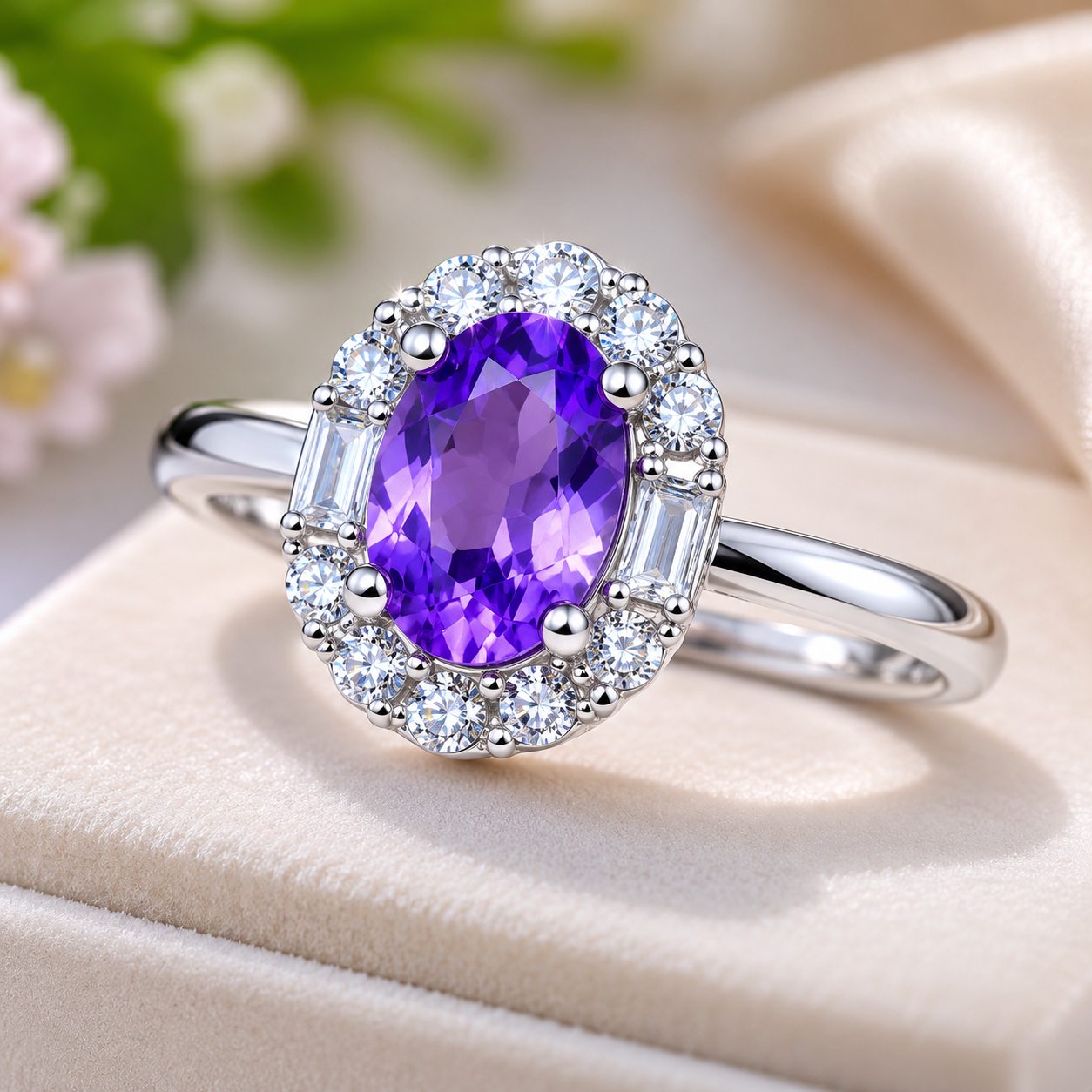 Oval Natural Amethyst Halo Ring for Women, Copper Silver Plated Band with 5*7MM Faceted Purple Gemstone, Cubic Zirconia Border Vintage Cocktail Statement Jewelry Gift for Birthday Wedding Anniversary