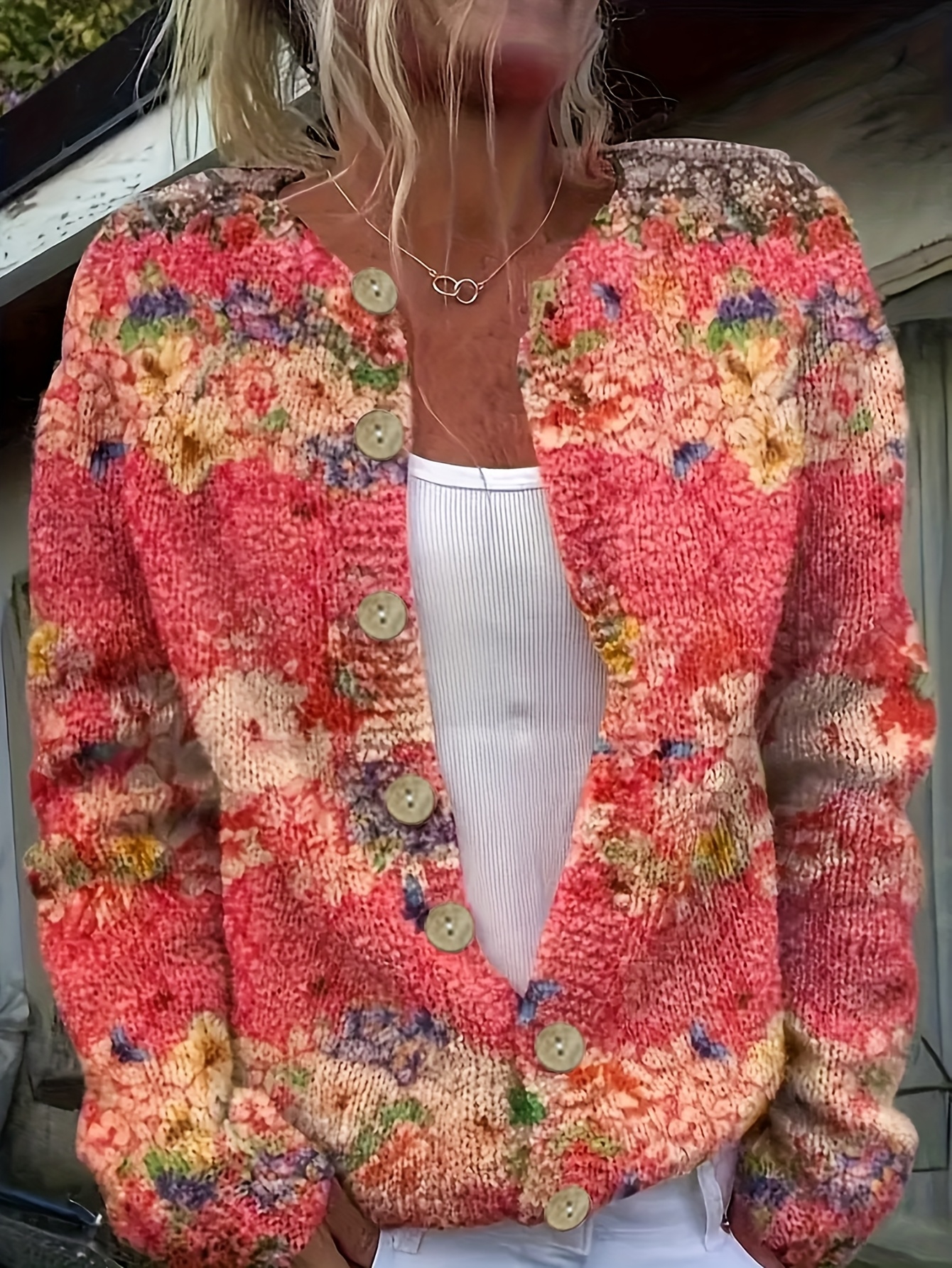 Women's Floral Butterfly Print Knit Cardigan, Long Sleeve V Neck Button Down Loose Casual Sweater Coat