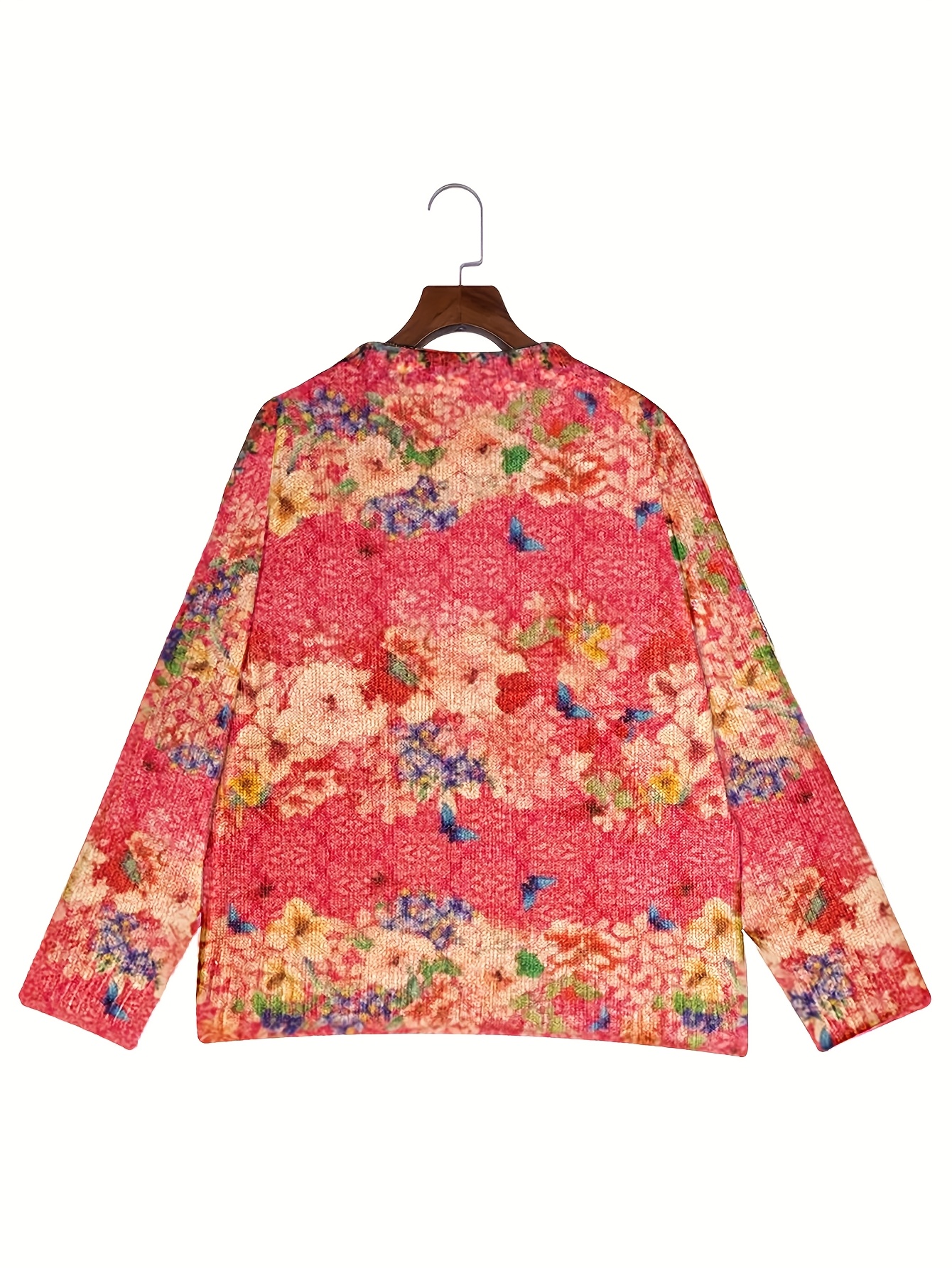 Women's Floral Butterfly Print Knit Cardigan, Long Sleeve V Neck Button Down Loose Casual Sweater Coat