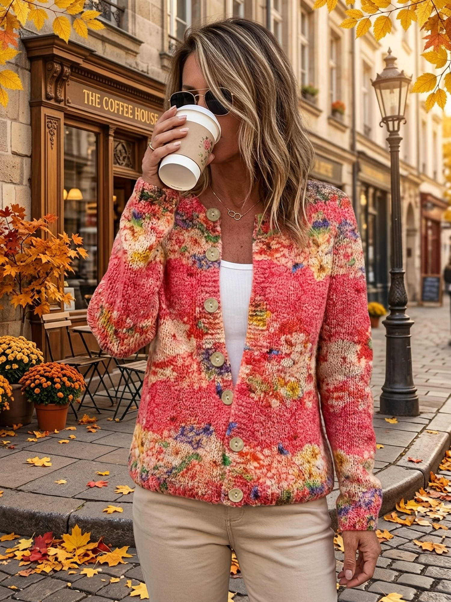 Women's Floral Butterfly Print Knit Cardigan, Long Sleeve V Neck Button Down Loose Casual Sweater Coat