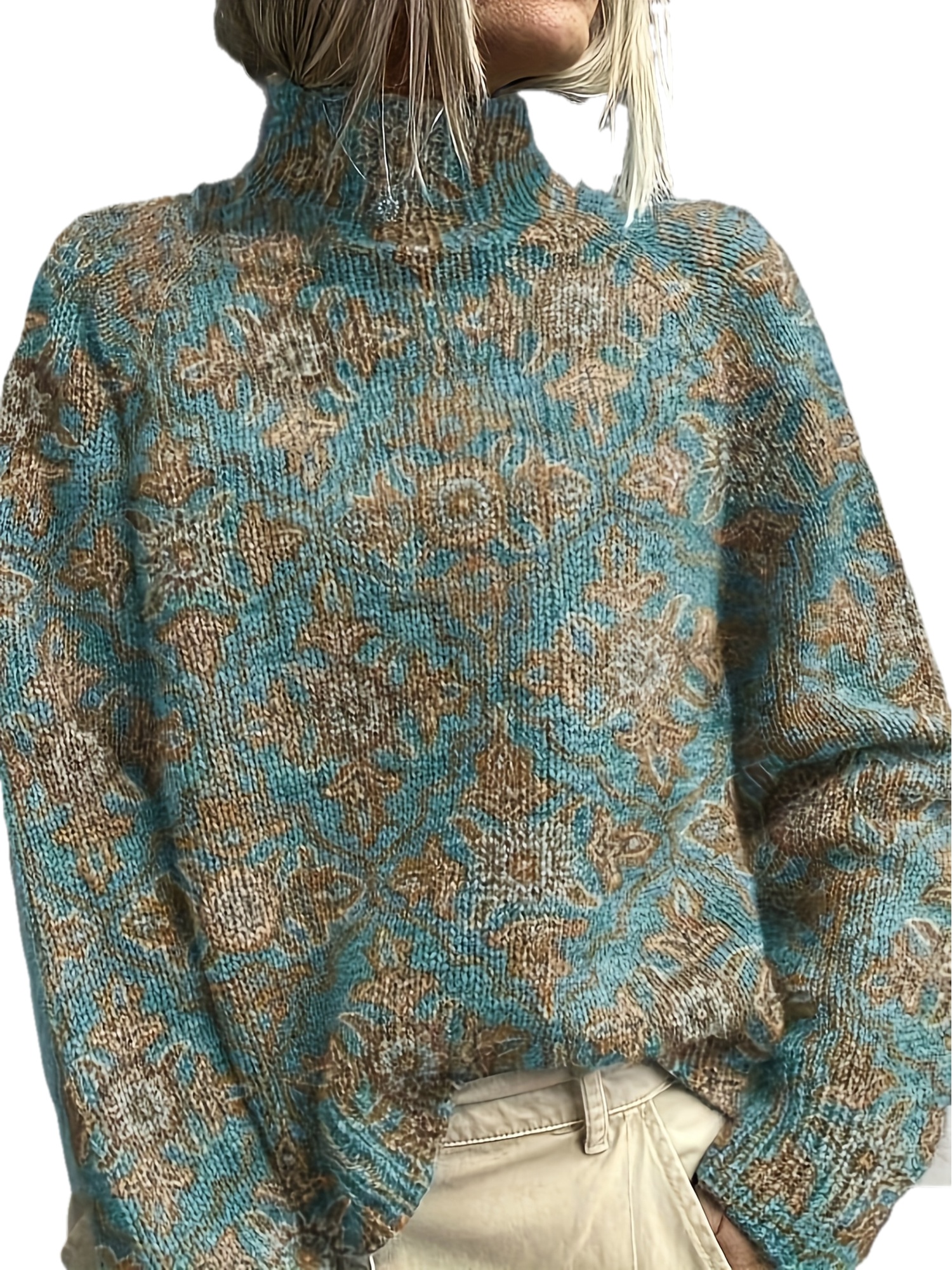  Women's Oversized Mock Neck Sweater, Vintage Floral Jacquard Print Long Sleeve Loose Casual Fall Winter Knit Pullover Top 